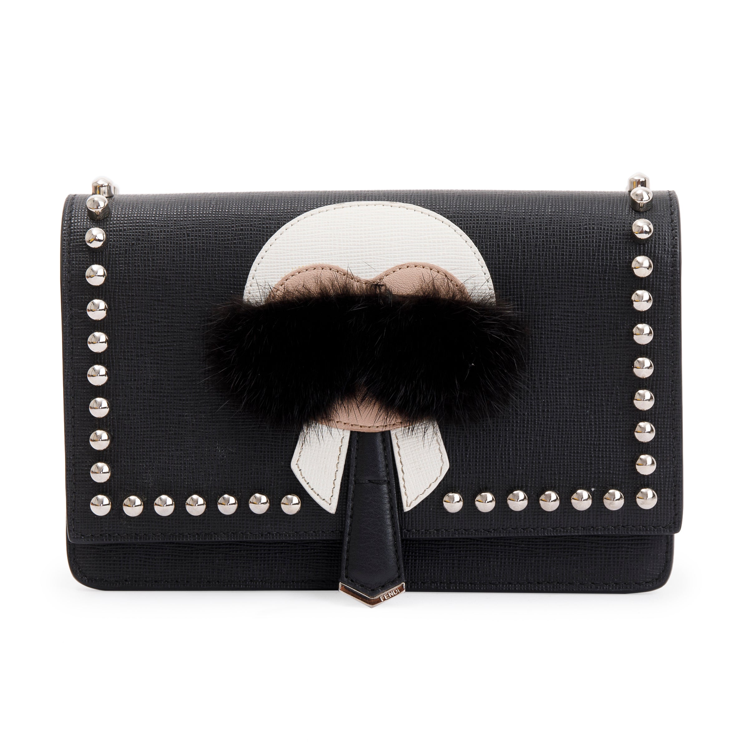 Fendi Black Calfskin Leather Studded Karlito Wallet on Chain w/ Box