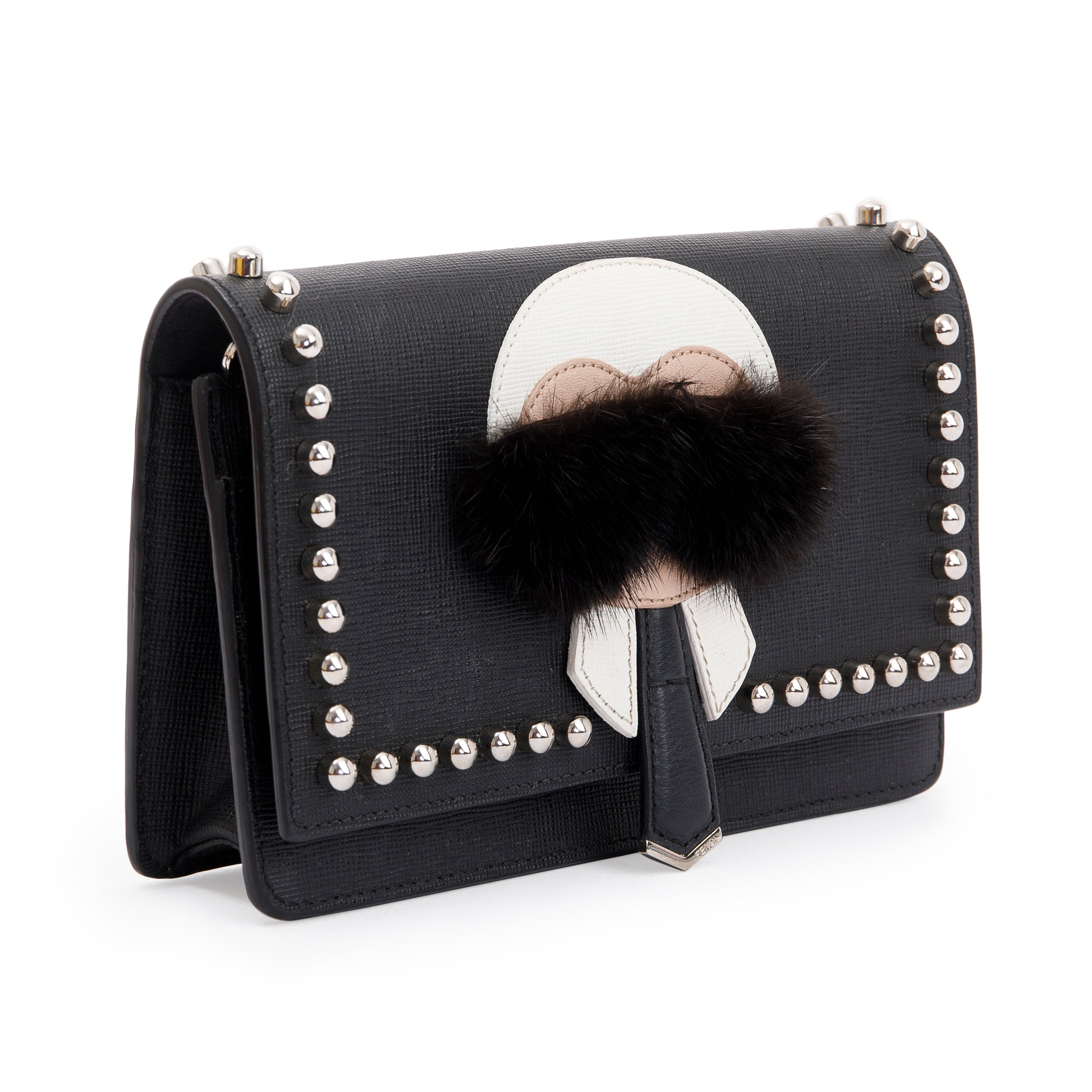 Fendi Black Calfskin Leather Studded Karlito Wallet on Chain w/ Box