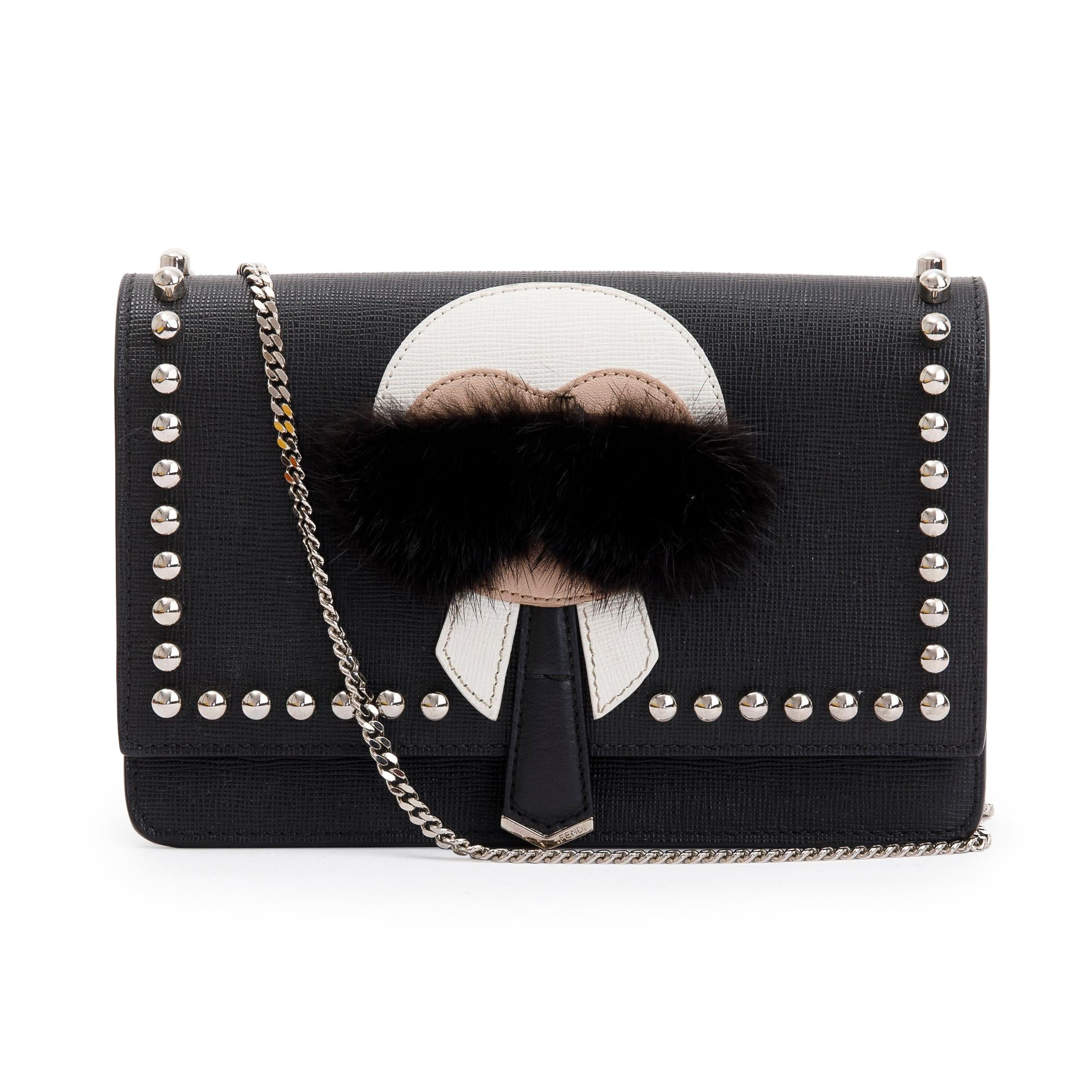 Fendi Black Calfskin Leather Studded Karlito Wallet on Chain w/ Box