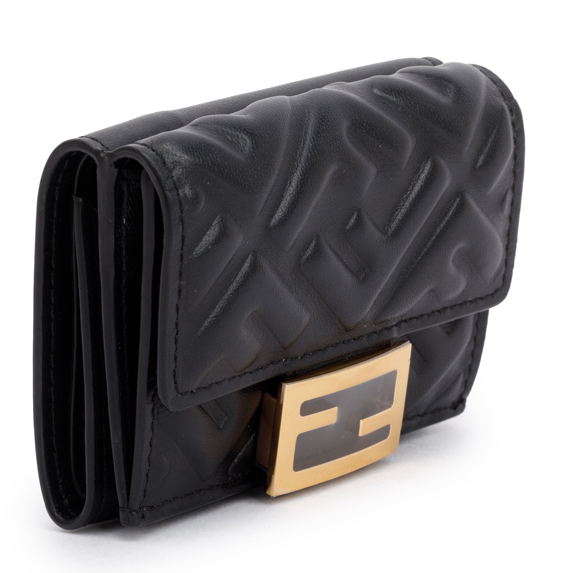 Fendi Black FF Embossed Leather Micro Trifold Wallet w/ Box