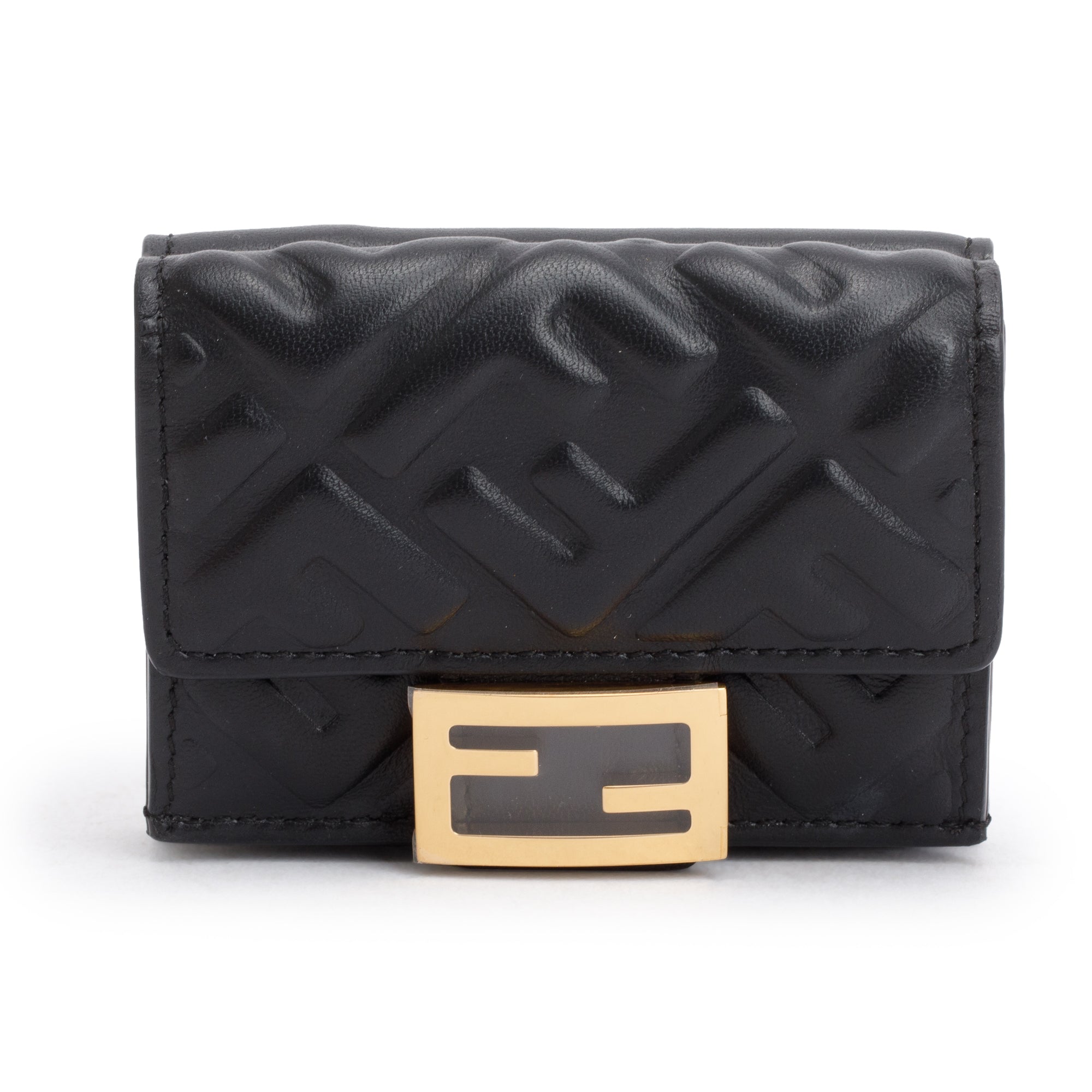 Fendi Black FF Embossed Leather Micro Trifold Wallet w/ Box