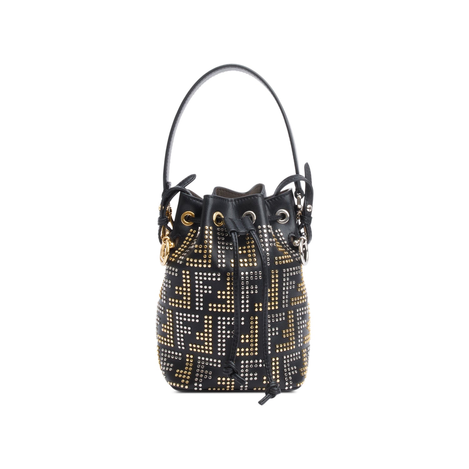 Fendi Black FF Studded Calfskin Leather Mini Mon Tresor Bucket Bag w/ Strap