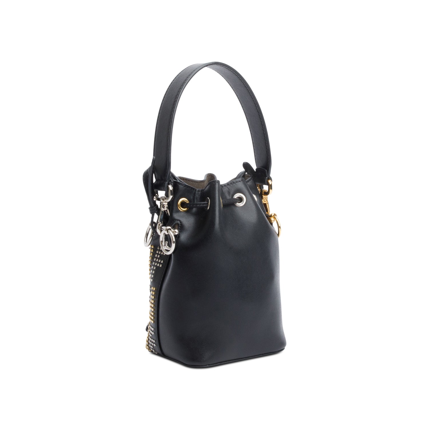 Fendi Black FF Studded Calfskin Leather Mini Mon Tresor Bucket Bag w/ Strap