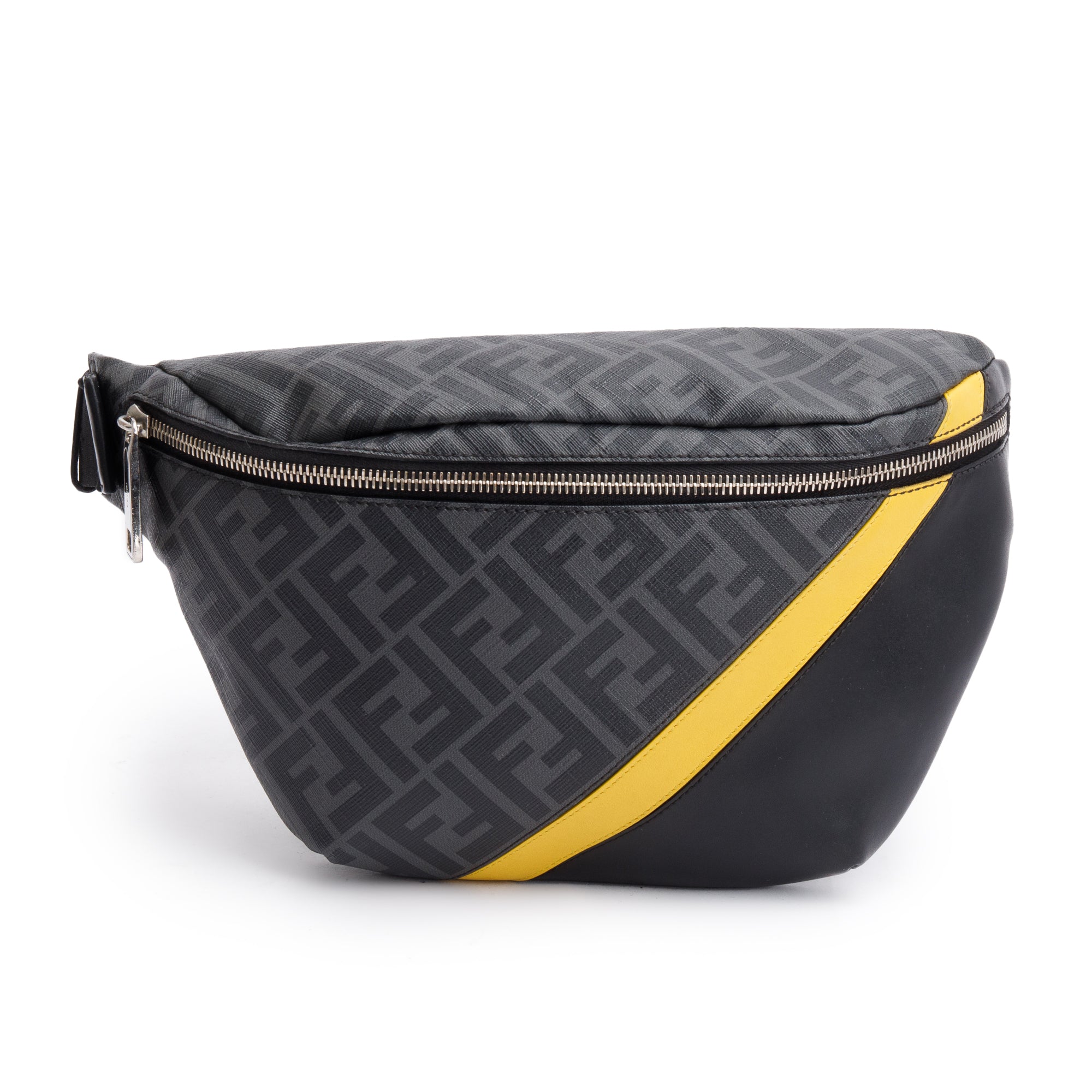 Fendi Black FF Zucca Canvas Calfskin Leather 1974 Diagonal Belt Bag