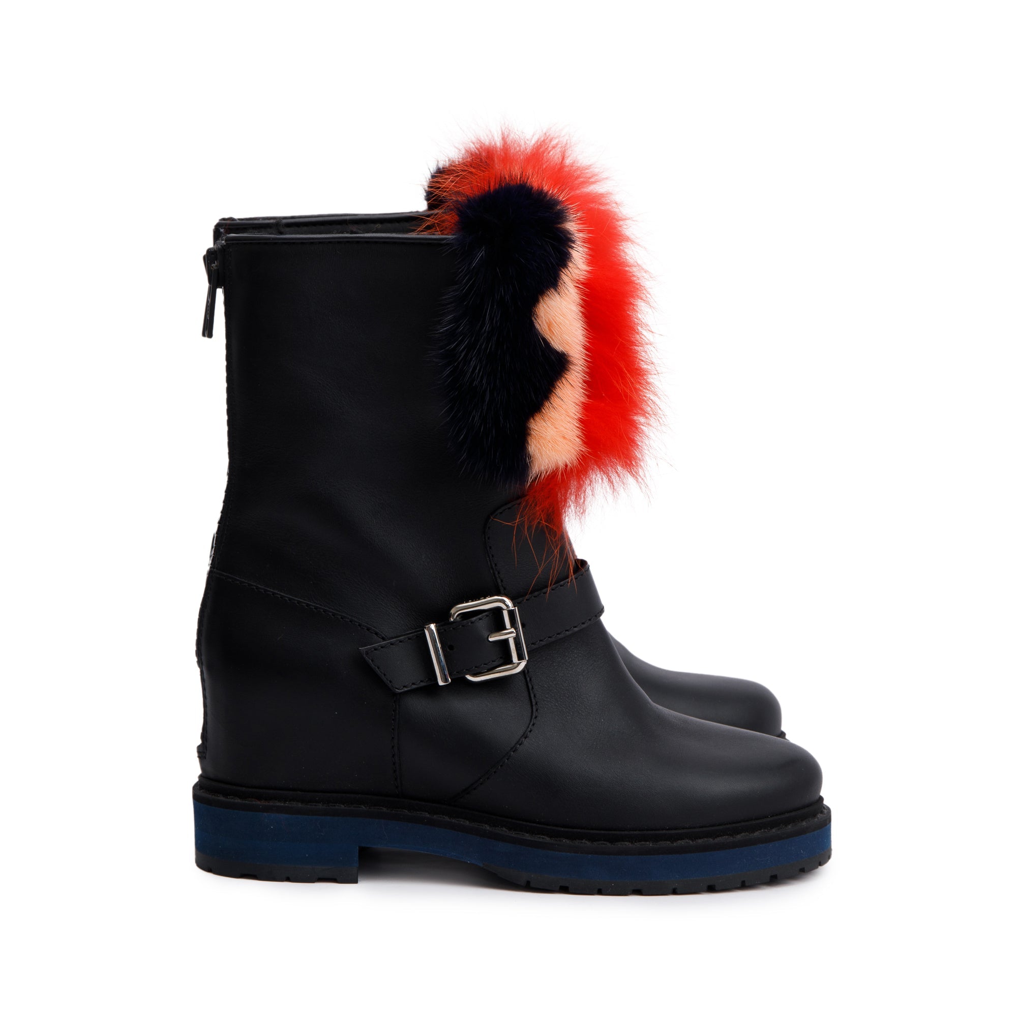 Fendi Black Leather Fur Trimmed Buckle Caroline Boots, Size 37.5