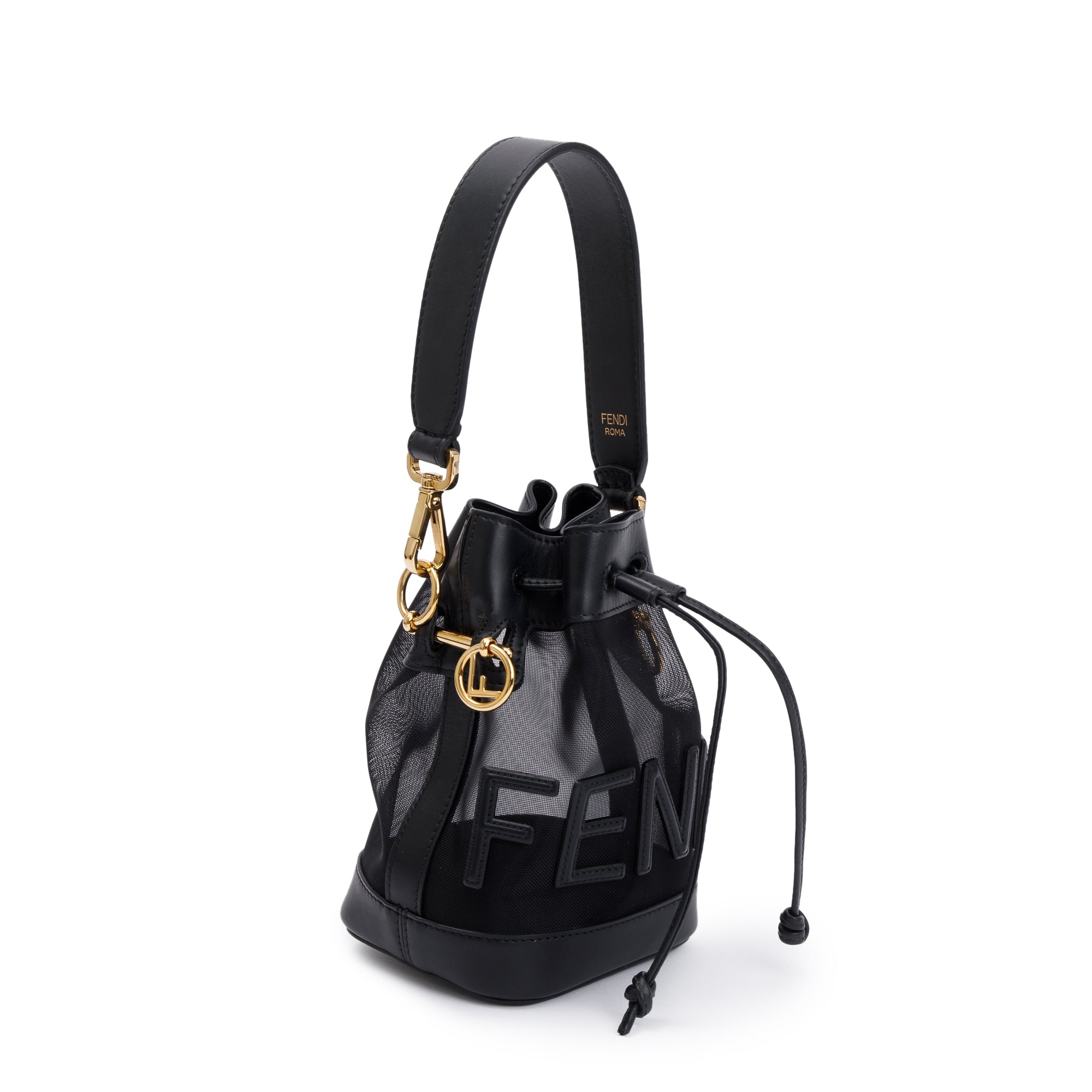Fendi Black Mesh Leather Trimmed Mini Mon Tresor Bucket Bag