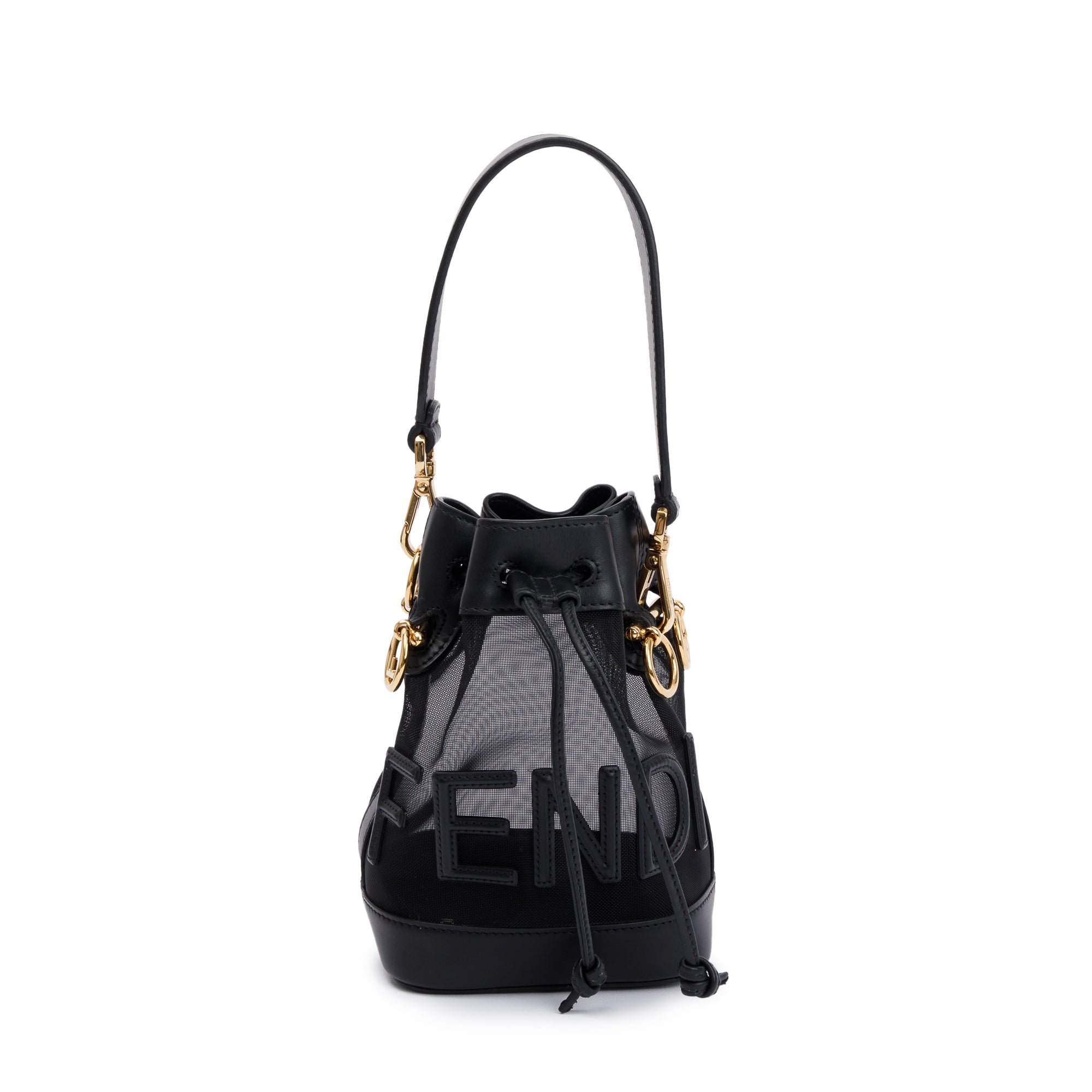 Fendi Black Mesh Leather Trimmed Mini Mon Tresor Bucket Bag