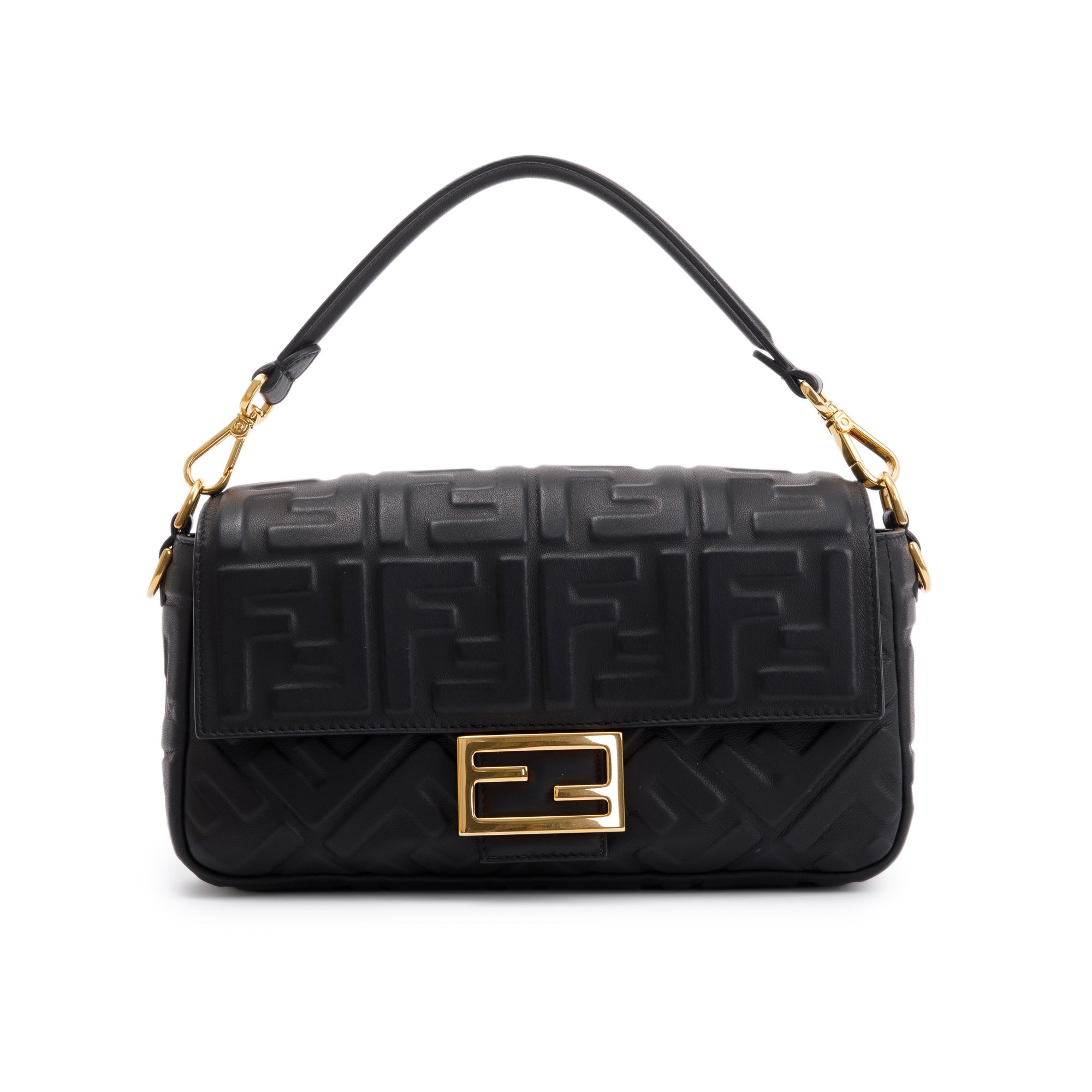 Fendi Black Nappa FF Leather Embossed Baguette NM Shoulder Bag w/ Box