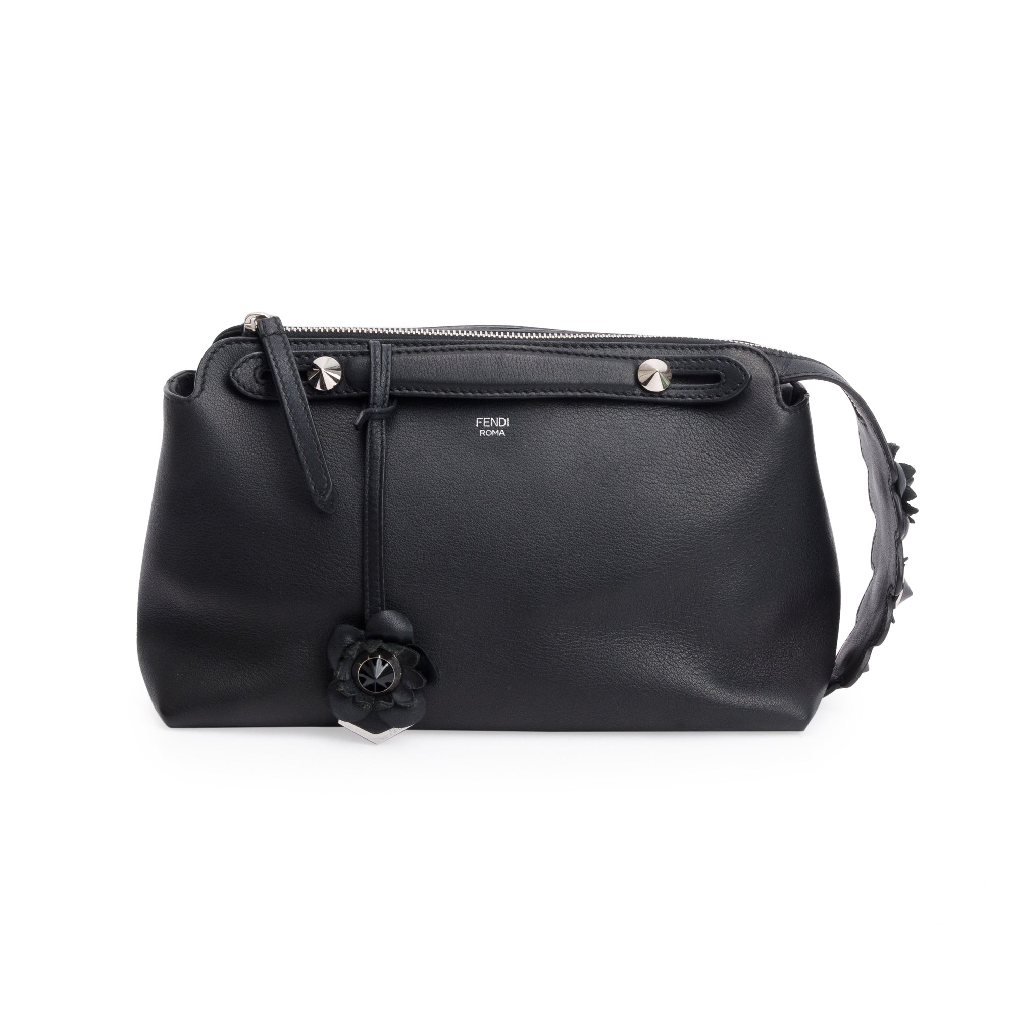 Fendi Black Vitello Dolce Flowerland Small By the Way Boston Bag w/ Flowerland Strap