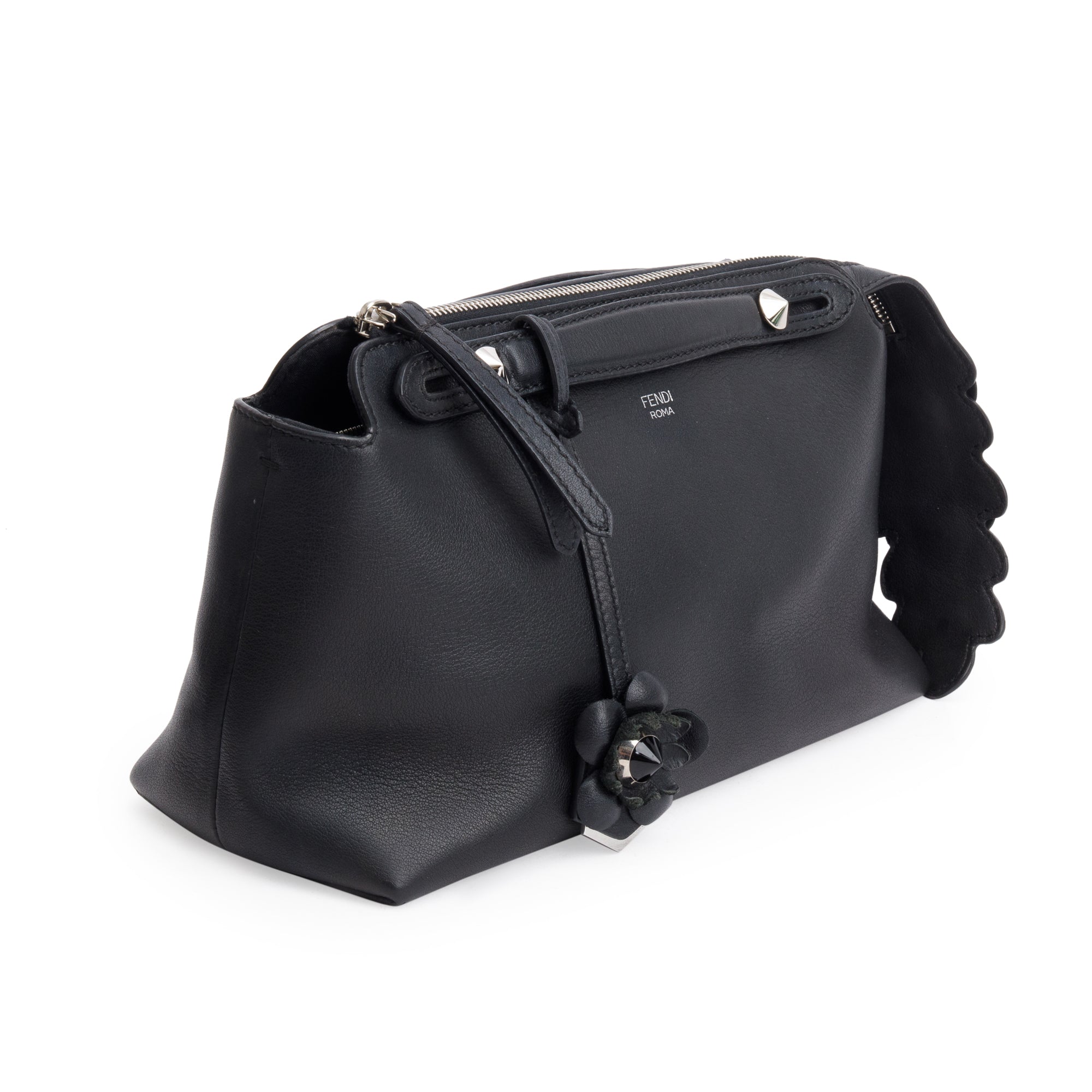 Fendi Black Vitello Dolce Flowerland Small By the Way Boston Bag w/ Flowerland Strap