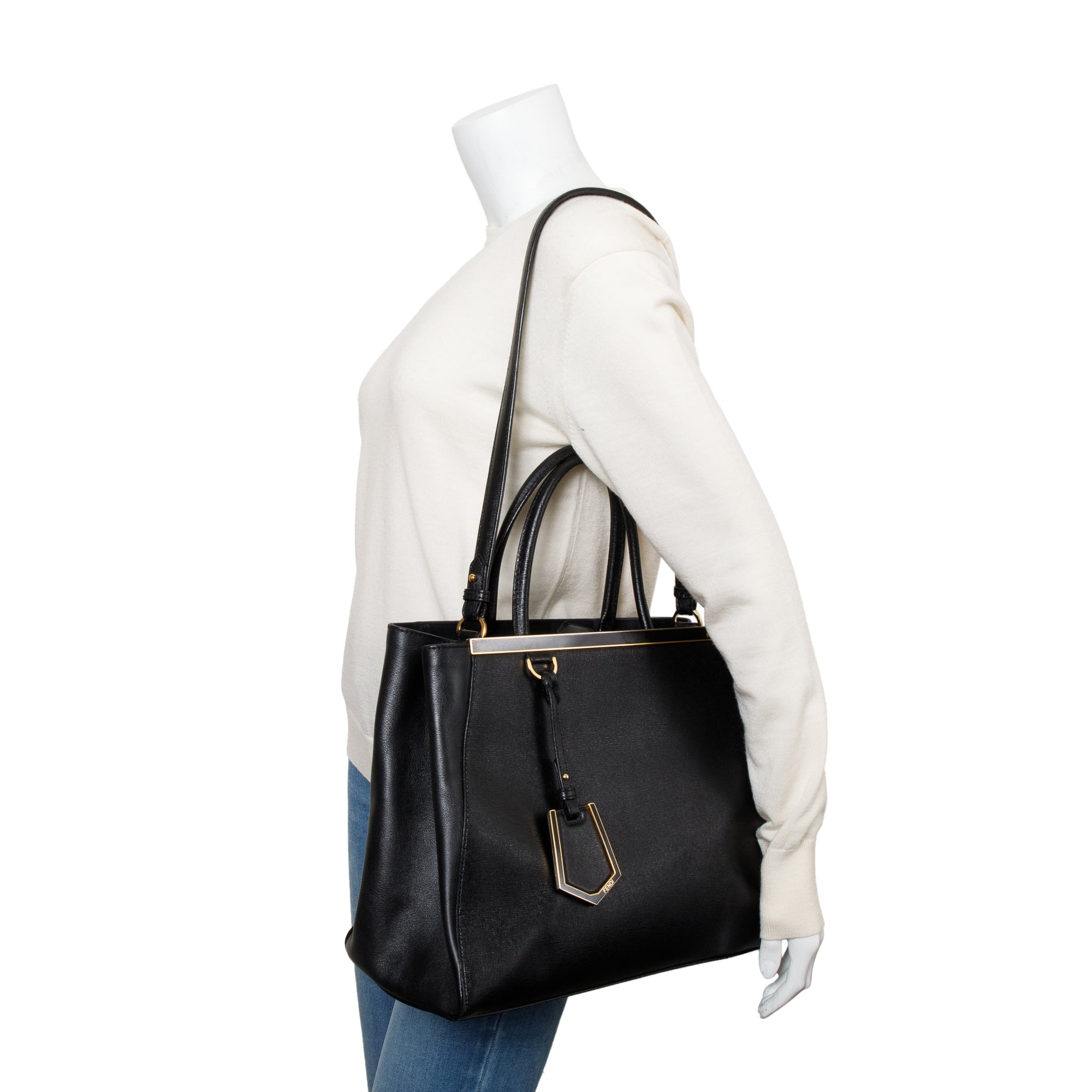 Fendi Black Vitello Elite Leather Medium 2Jours Tote w/ Strap