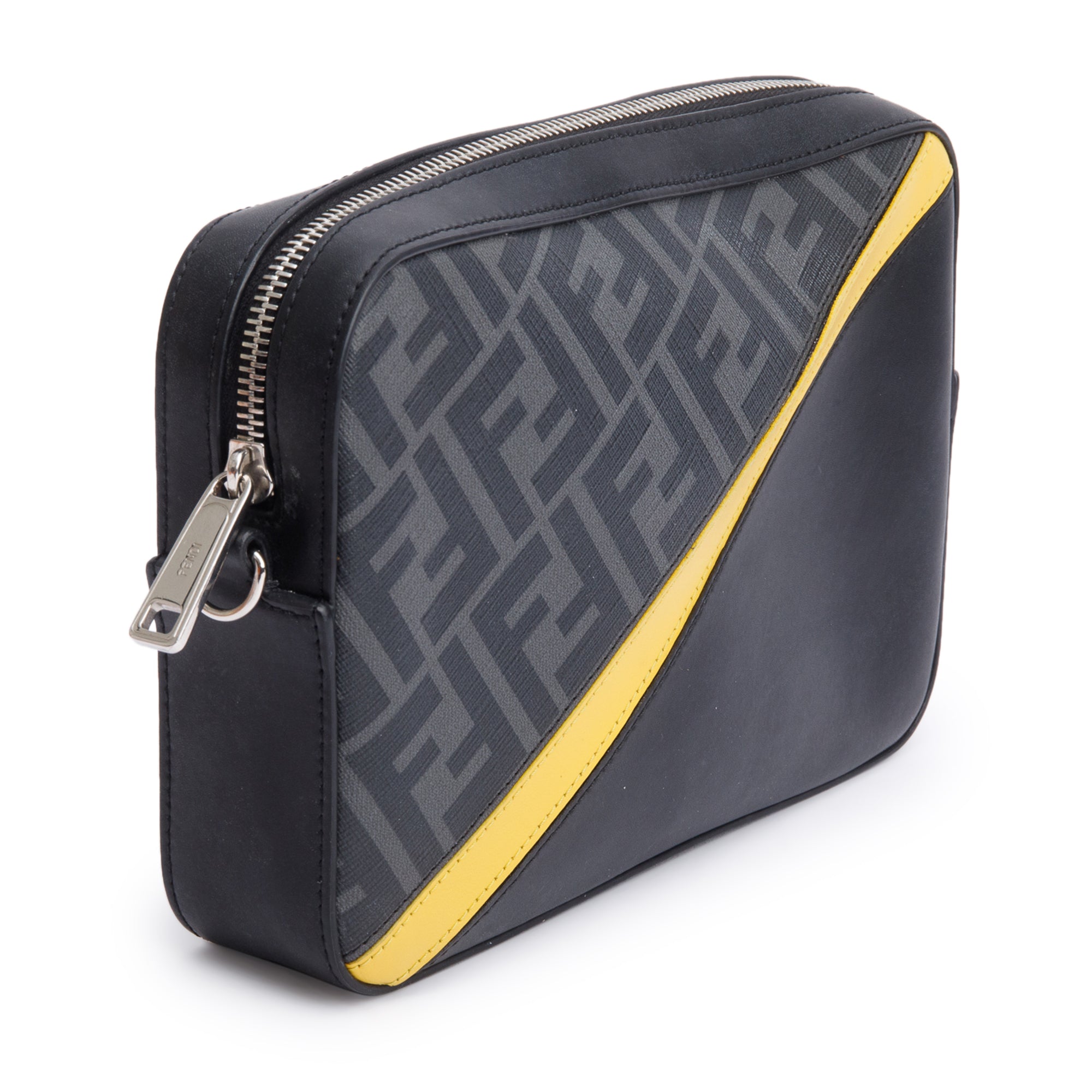 Fendi Black Vitello Liberty Leather Grey FF Canvas Diagonal Camera Case Bag