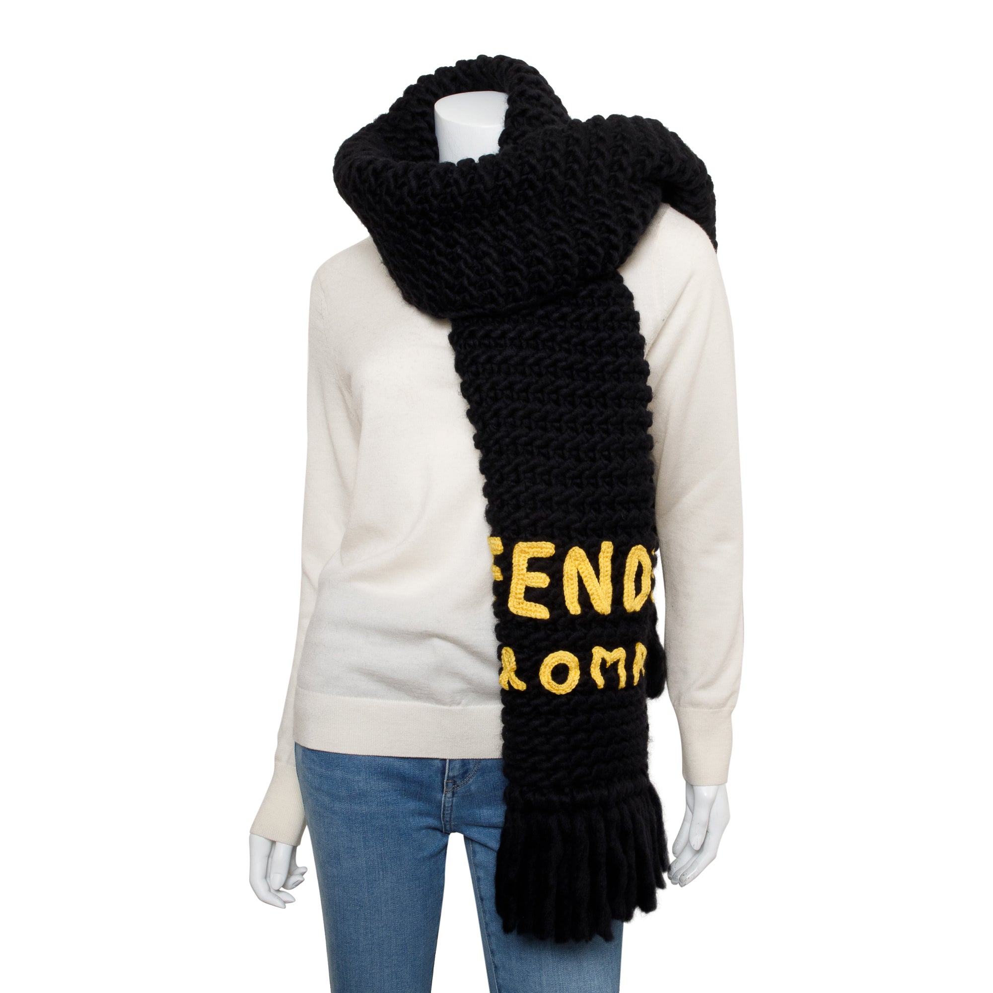 Fendi Black Wool Fendi Roma Logo Scarf w/ Box