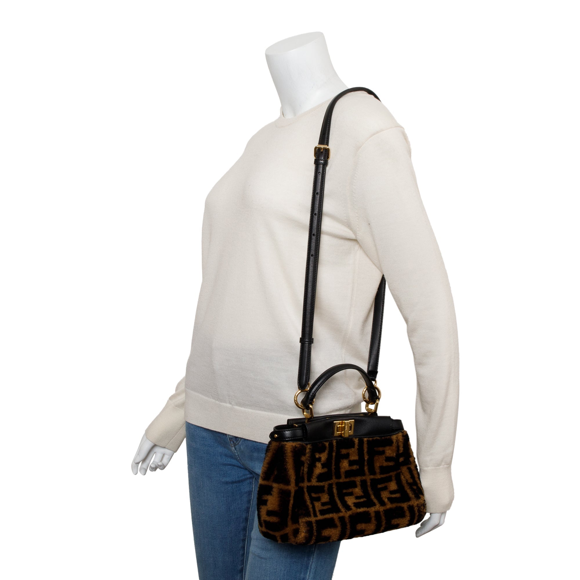 Fendi Black/Brown Shearling Nappa Macro FF 1974 Mini Peekaboo Bag w/ Box