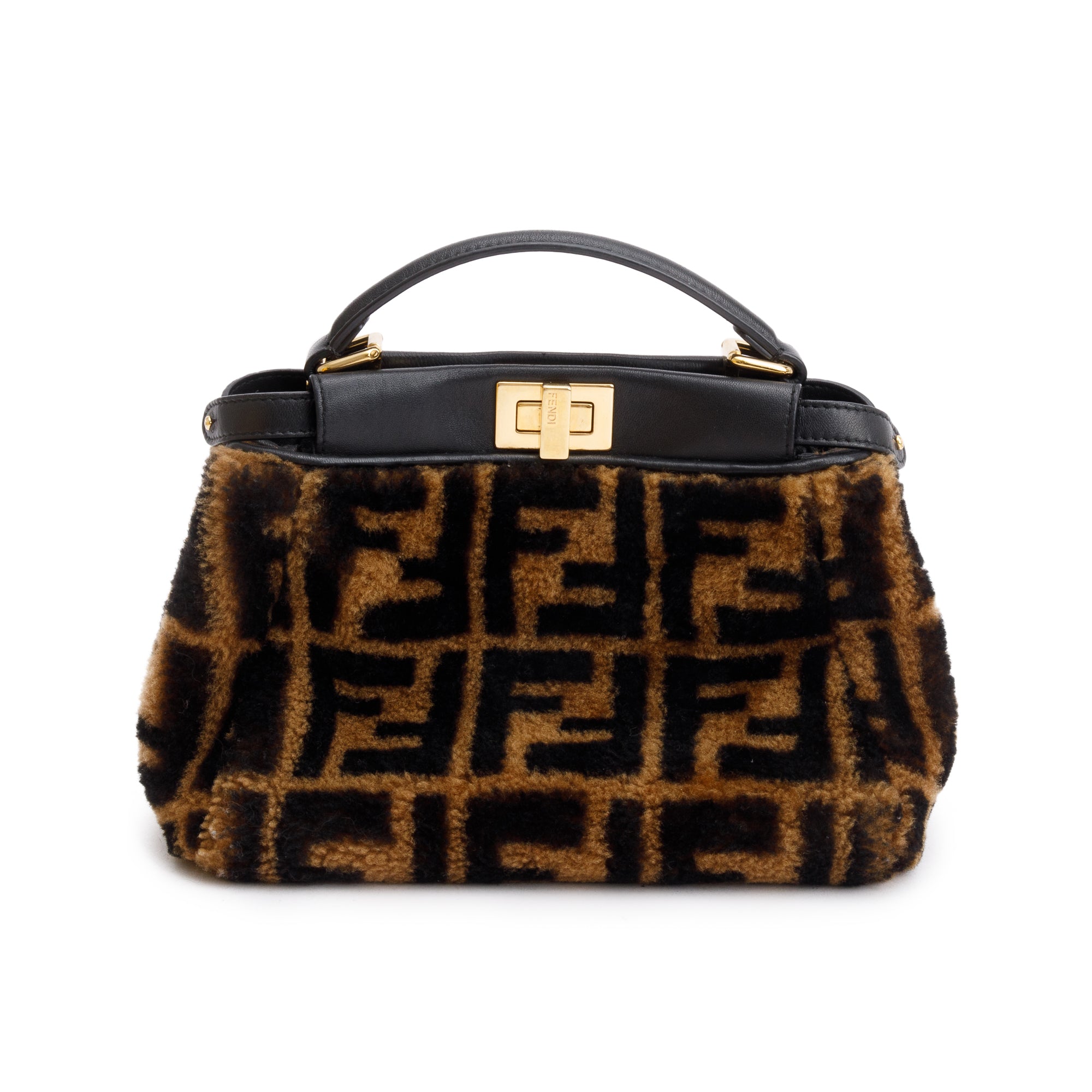 Fendi Black/Brown Shearling Nappa Macro FF 1974 Mini Peekaboo Bag w/ Box