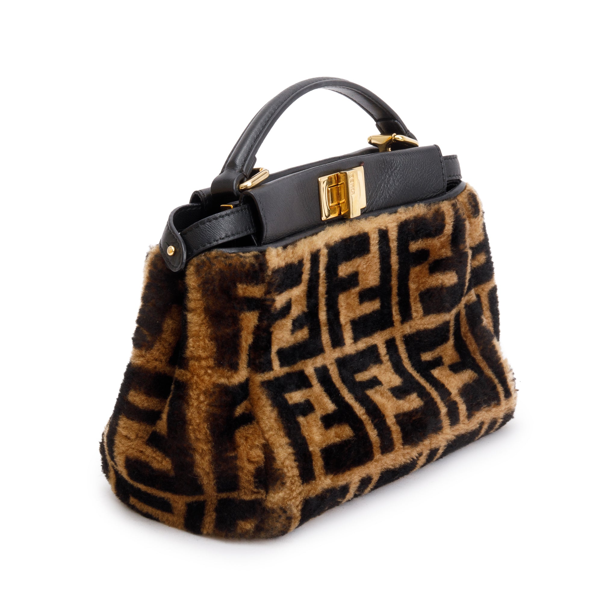 Fendi Black/Brown Shearling Nappa Macro FF 1974 Mini Peekaboo Bag w/ Box