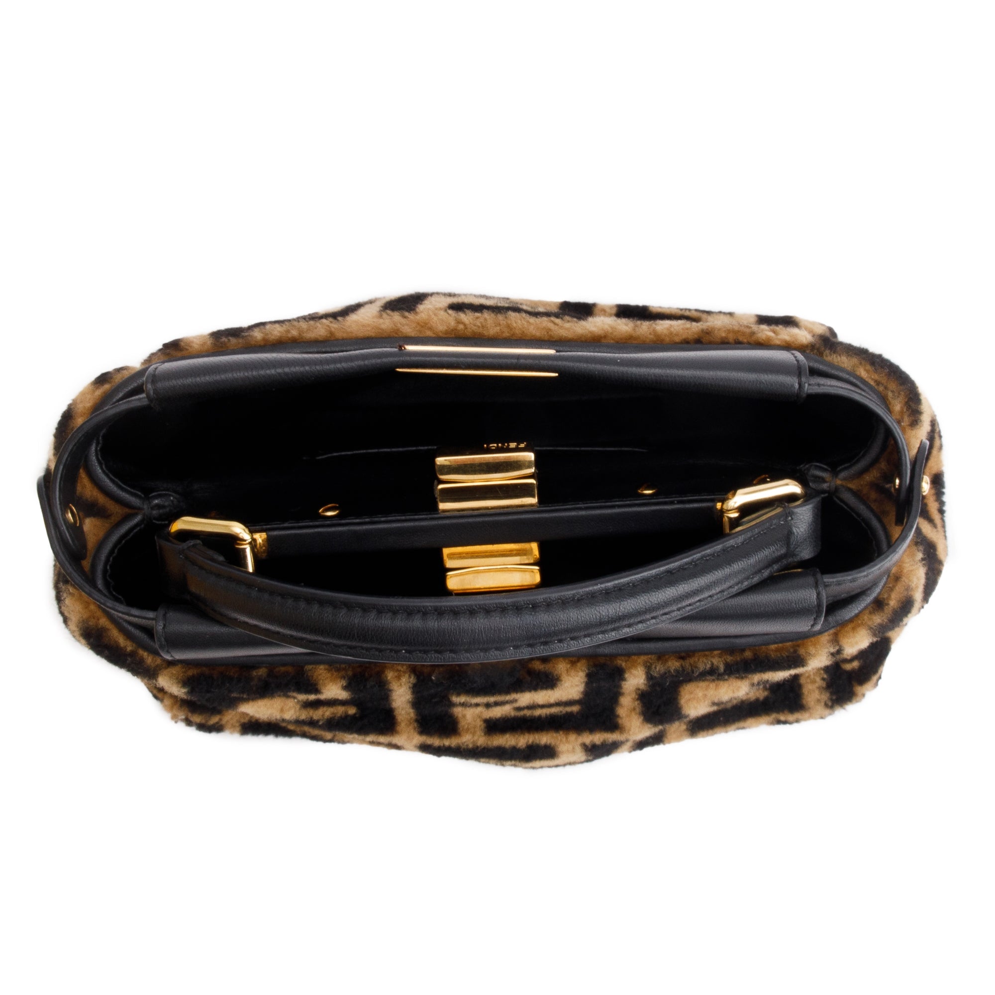 Fendi Black/Brown Shearling Nappa Macro FF 1974 Mini Peekaboo Bag w/ Box