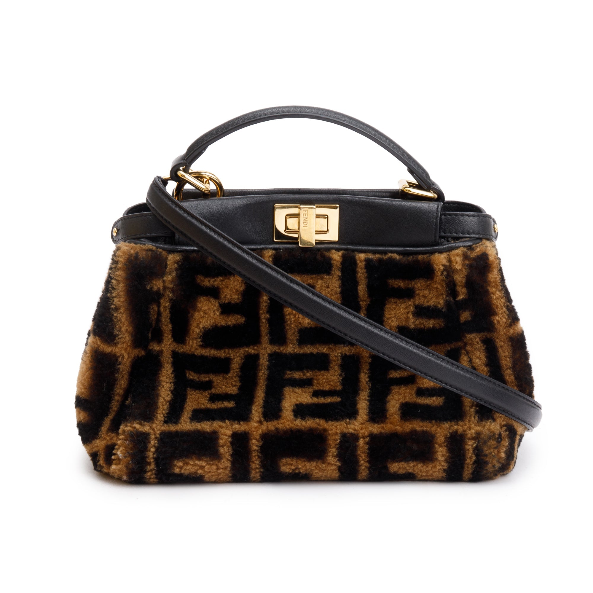Fendi Black/Brown Shearling Nappa Macro FF 1974 Mini Peekaboo Bag w/ Box