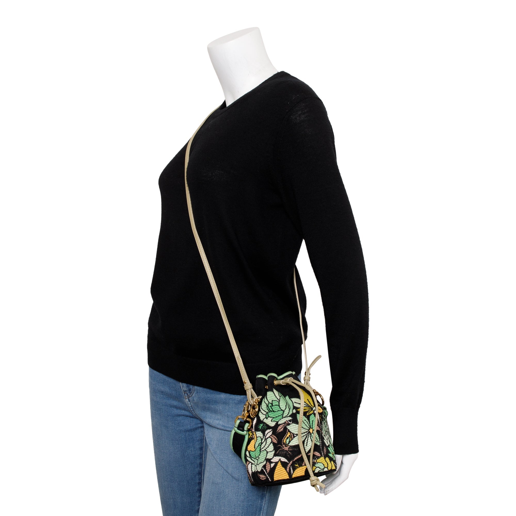 Fendi Black/Green Floral Embroidered Canvas Psychedelic Mini Mon Tresor Bucket Bag w/ Strap
