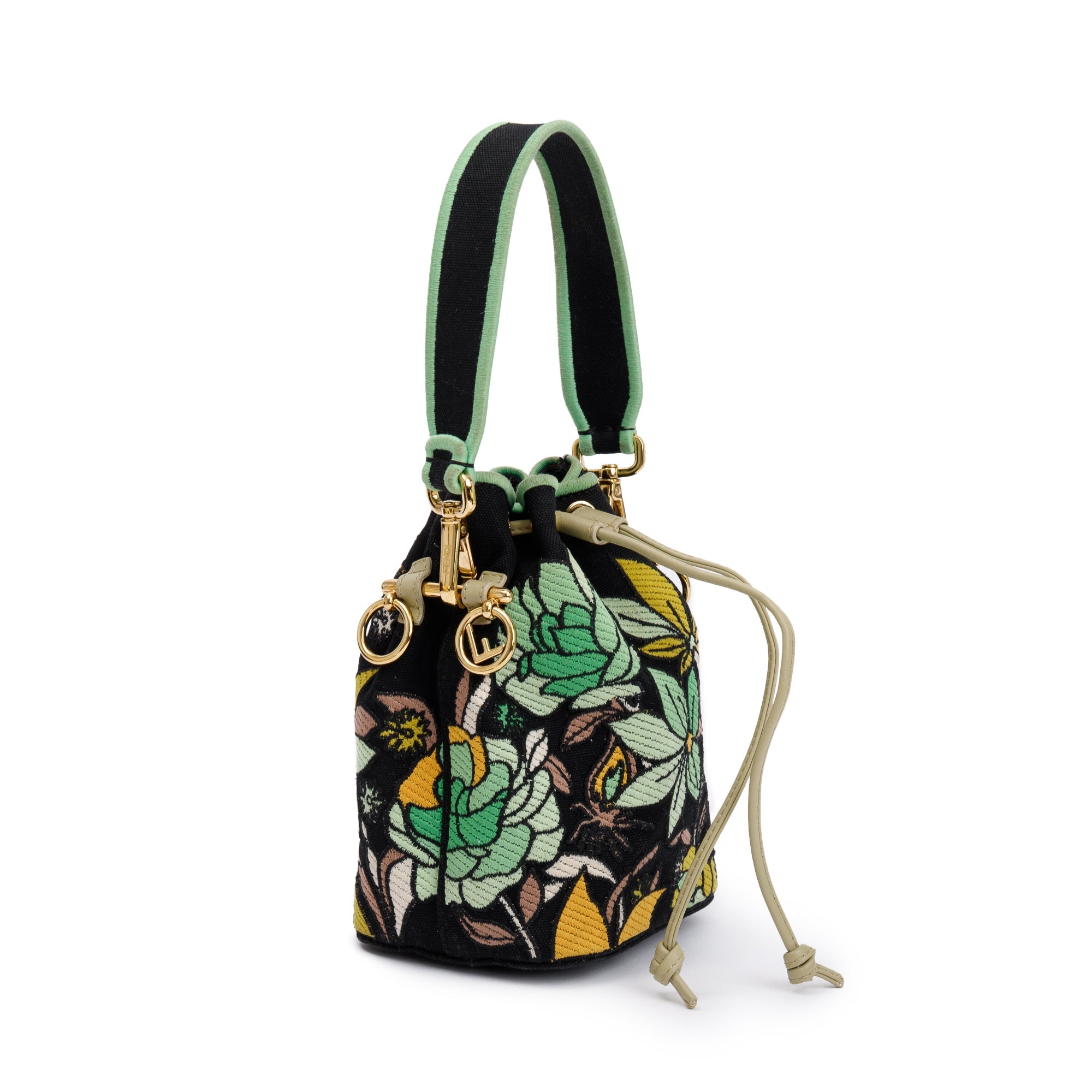 Fendi Black/Green Floral Embroidered Canvas Psychedelic Mini Mon Tresor Bucket Bag w/ Strap
