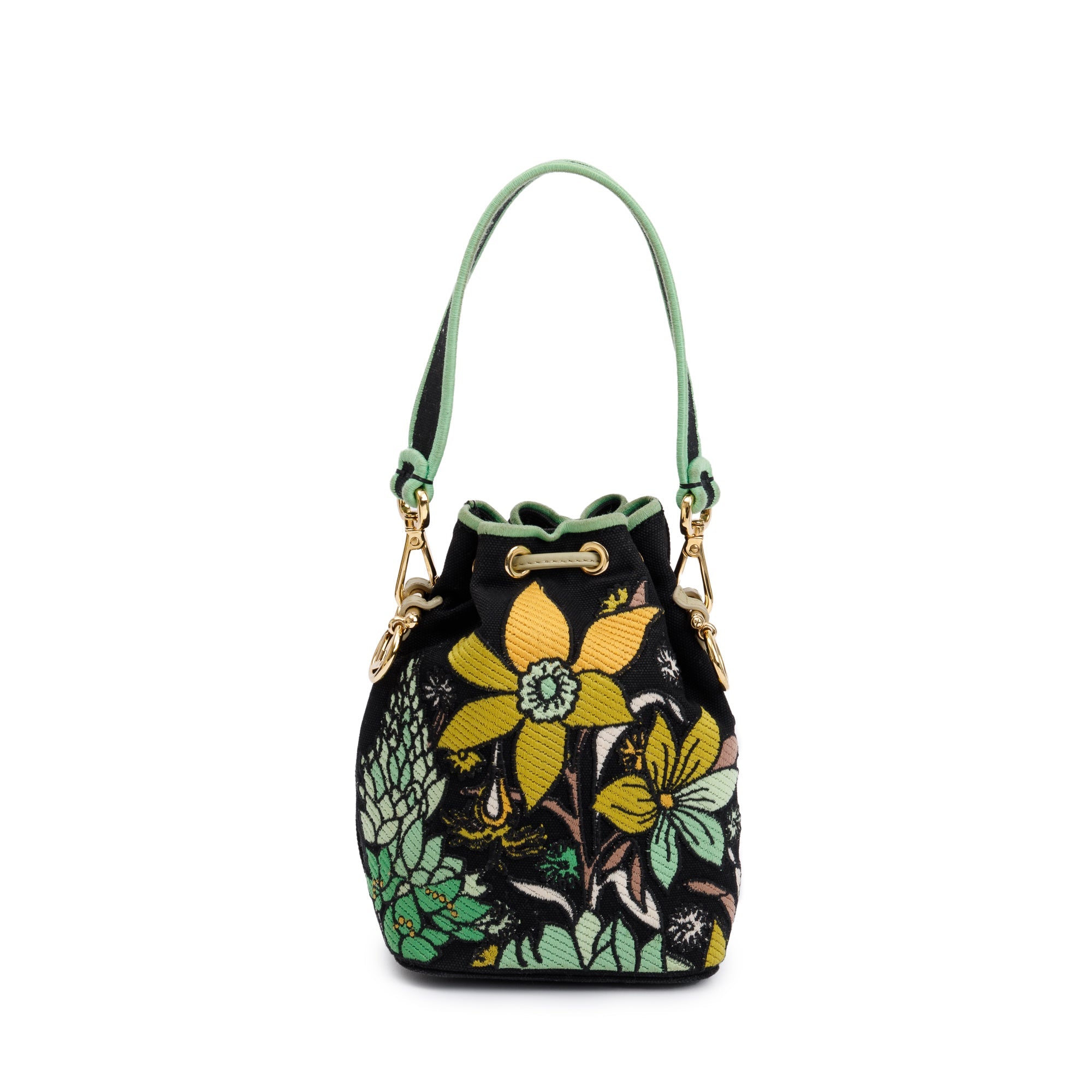 Fendi Black/Green Floral Embroidered Canvas Psychedelic Mini Mon Tresor Bucket Bag w/ Strap