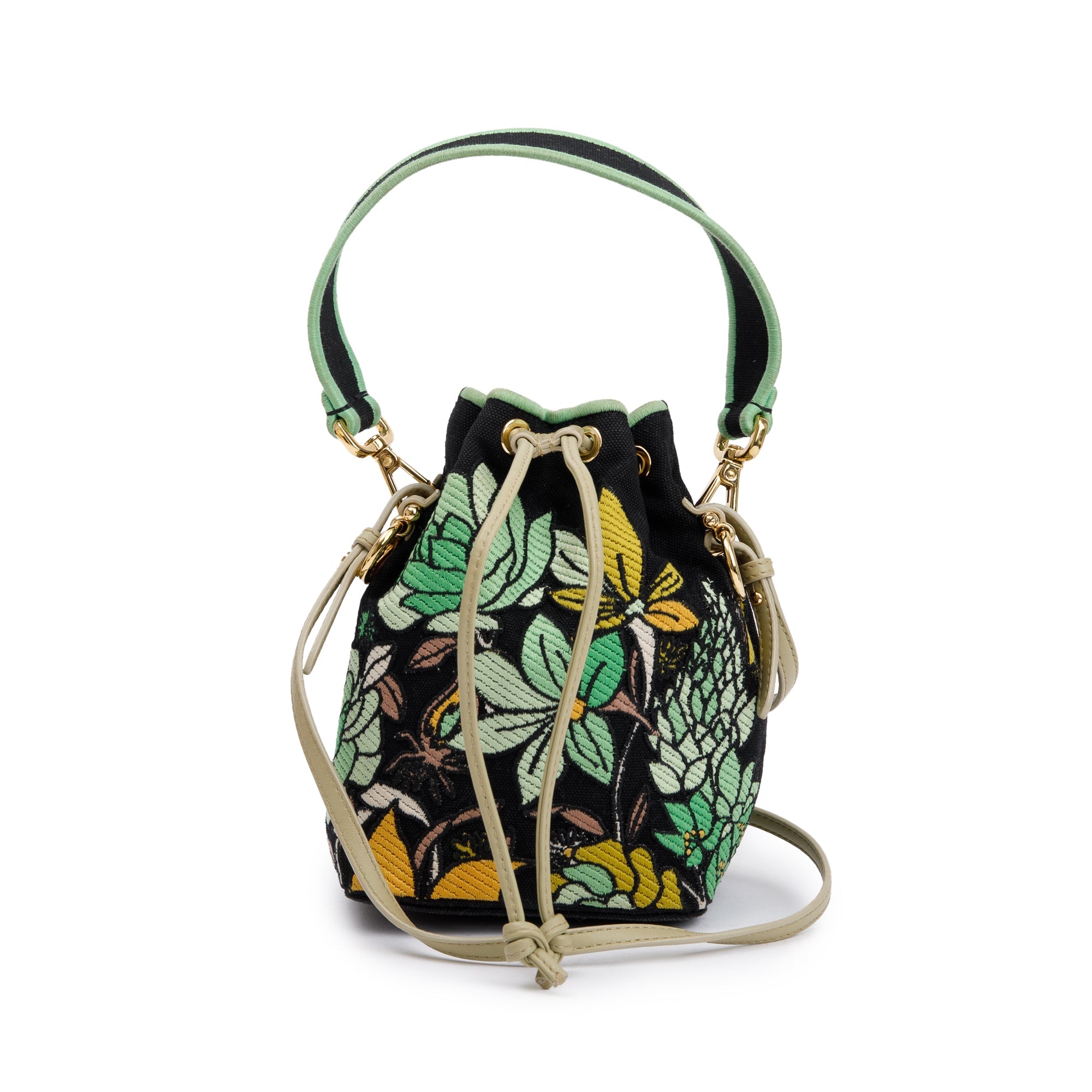 Fendi Black/Green Floral Embroidered Canvas Psychedelic Mini Mon Tresor Bucket Bag w/ Strap