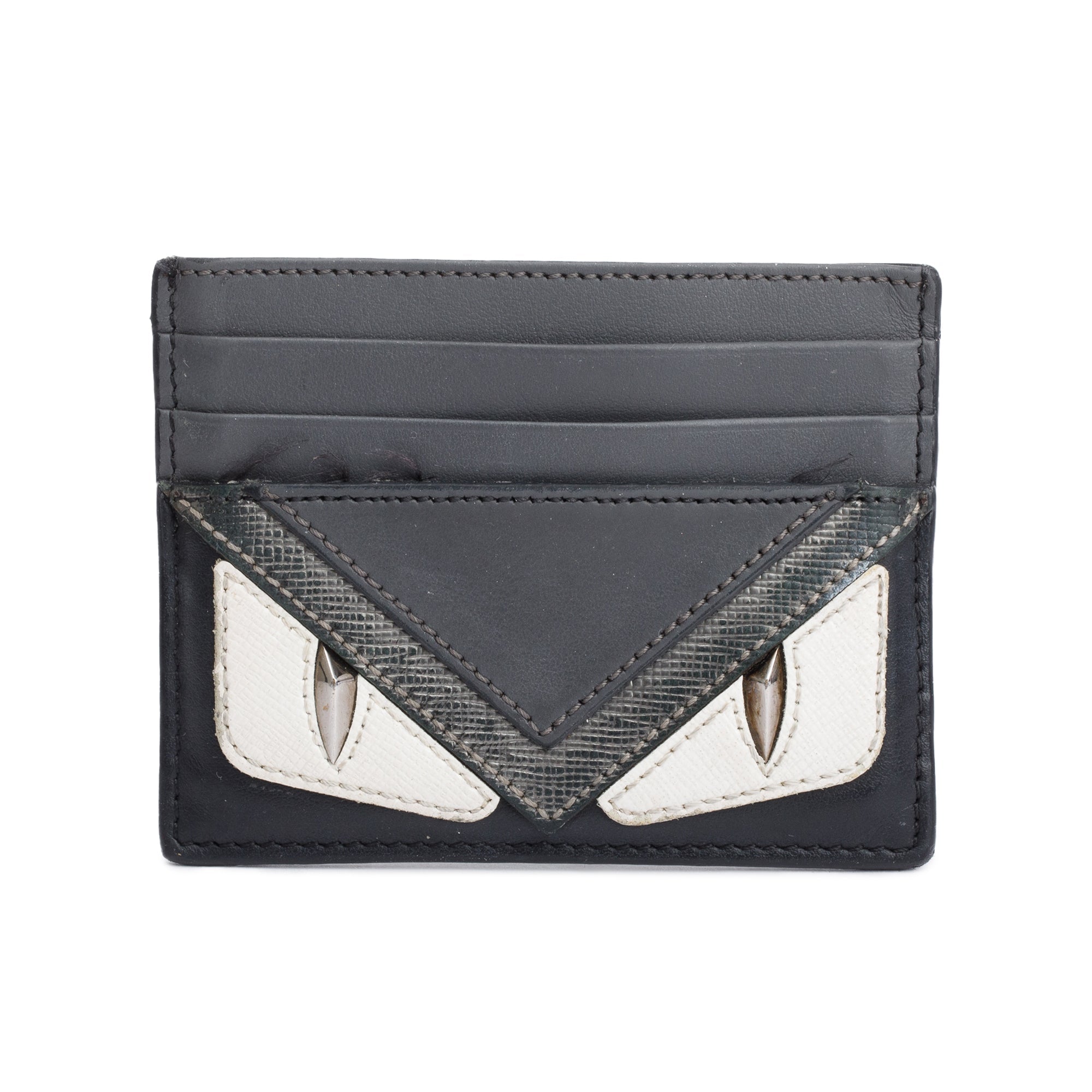 Fendi Black/Grey Leather Monster Motif Card Case