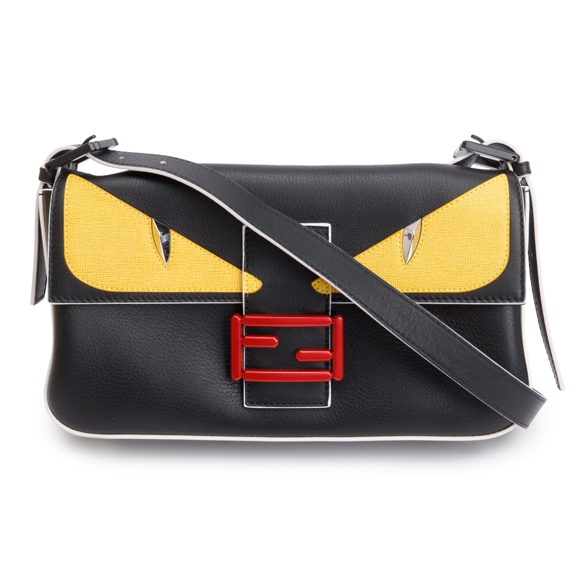 Fendi Black/Yellow Calf Leather Monster Eye Convertible Baguette Bag w/ Strap & Box