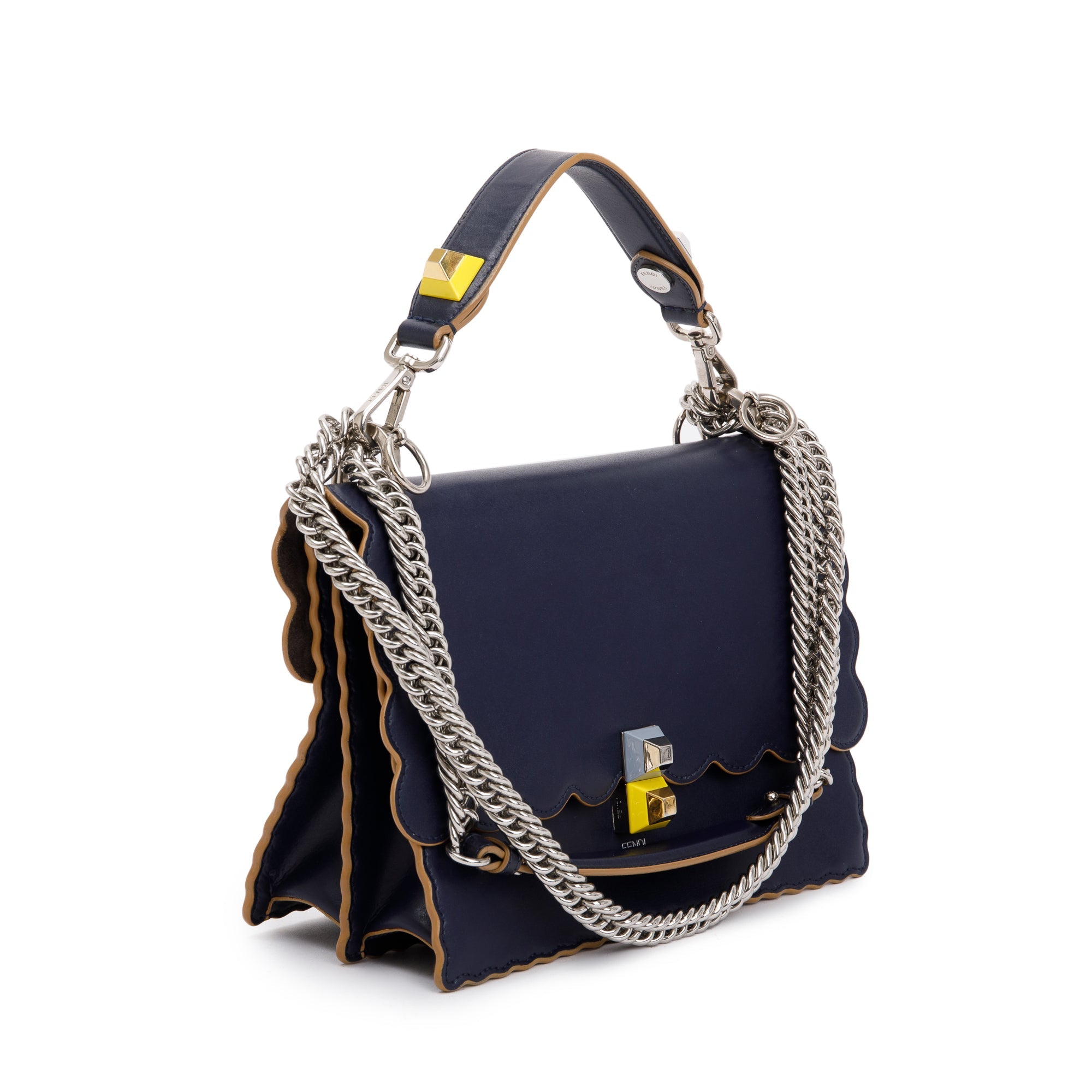 Fendi Blue Calfskin Leather Scalloped Studded Kan I Shoulder Bag