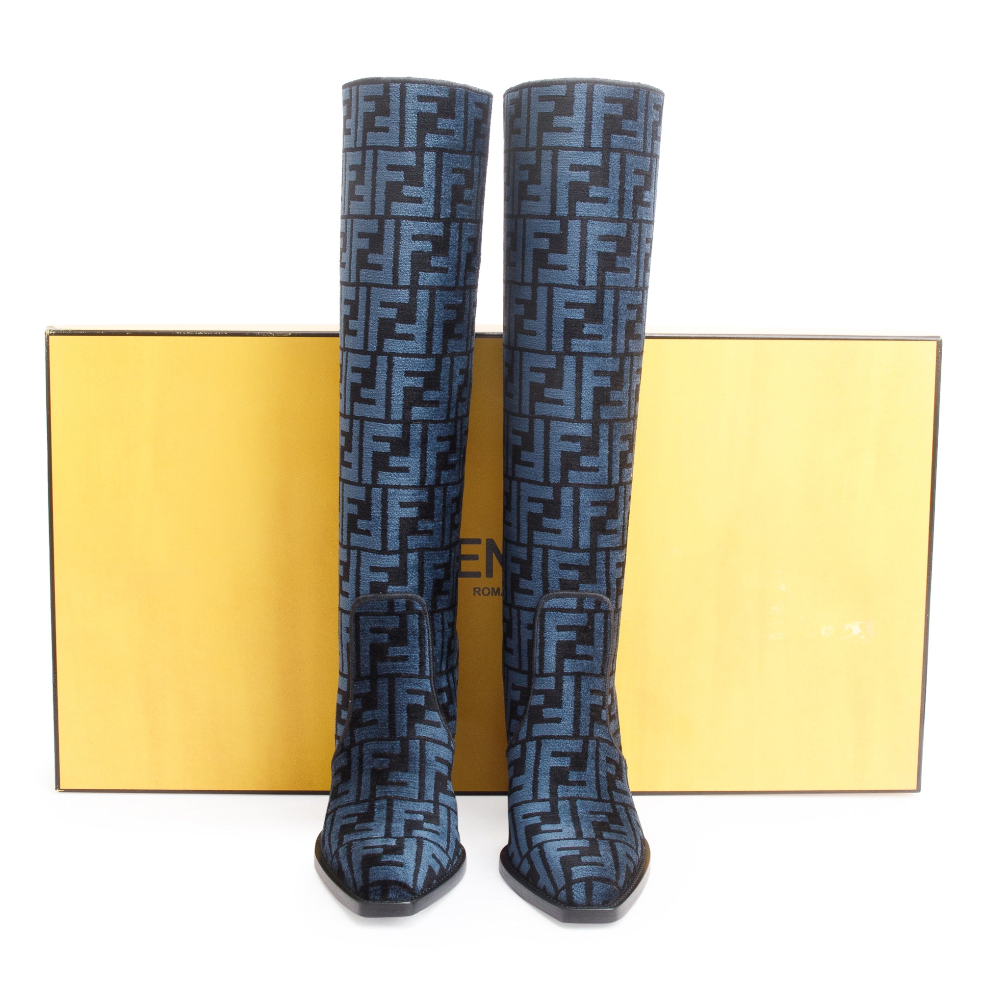 Fendi Blue Chenille Jacquard FF Cut 110 Baguette Knee High Boots, Size 36 w/ Box