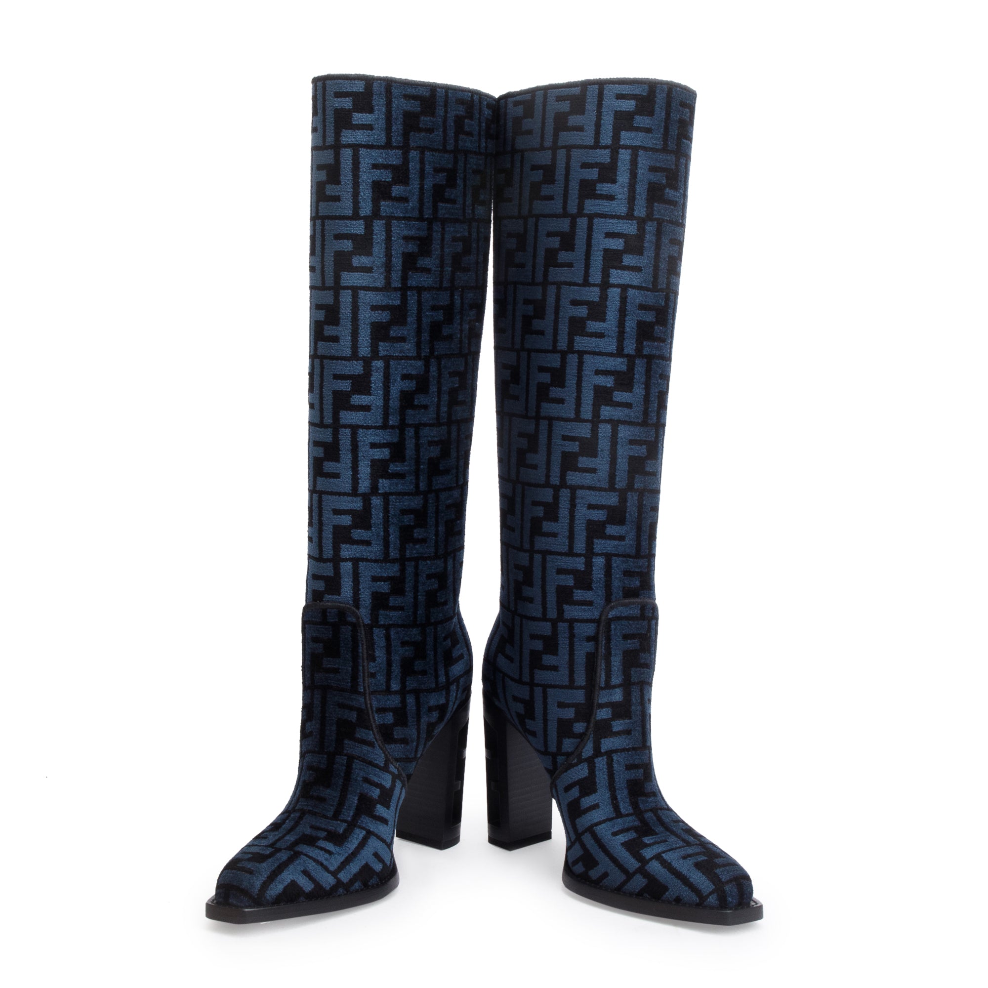 Fendi Blue Chenille Jacquard FF Cut 110 Baguette Knee High Boots, Size 36 w/ Box