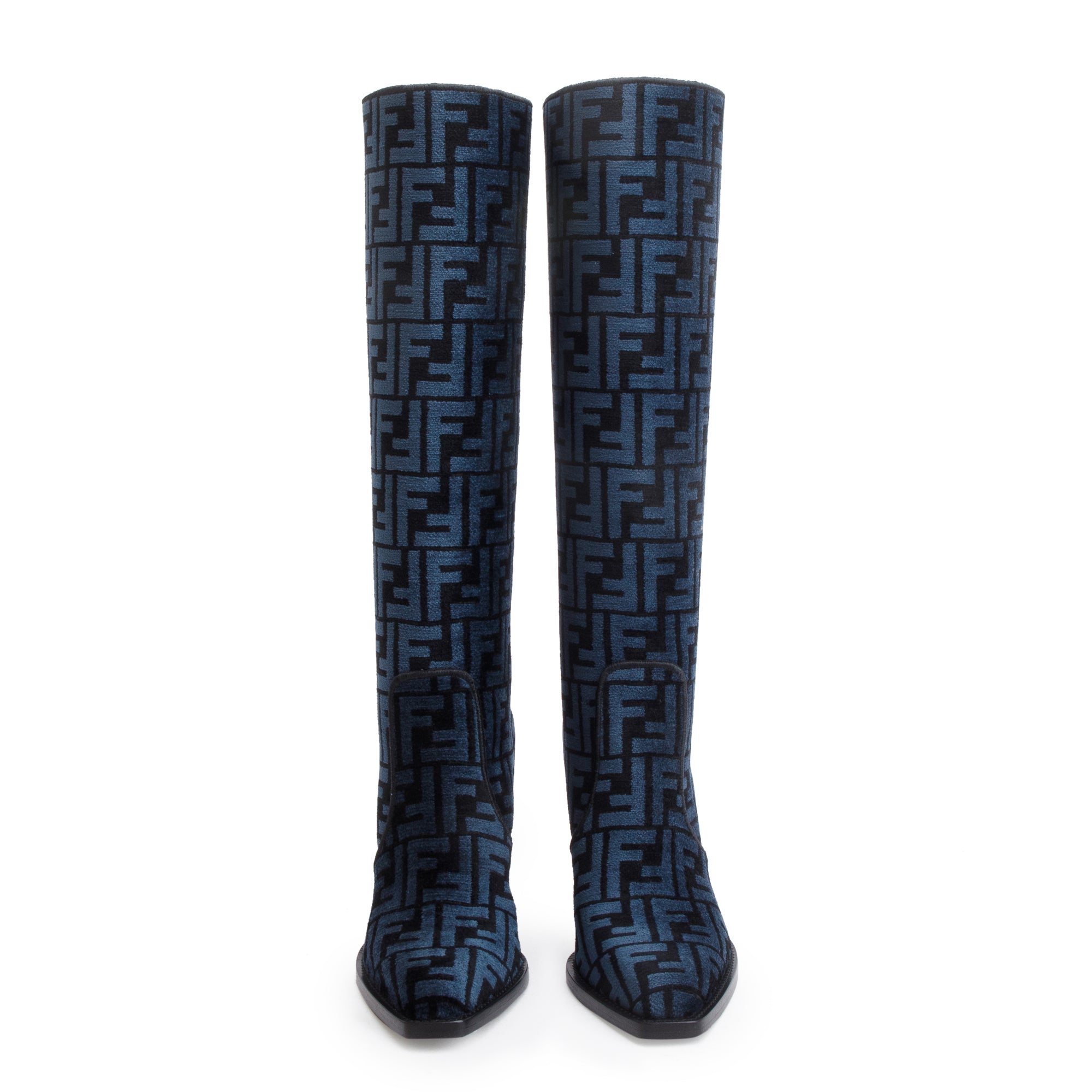 Fendi Blue Chenille Jacquard FF Cut 110 Baguette Knee High Boots, Size 36 w/ Box