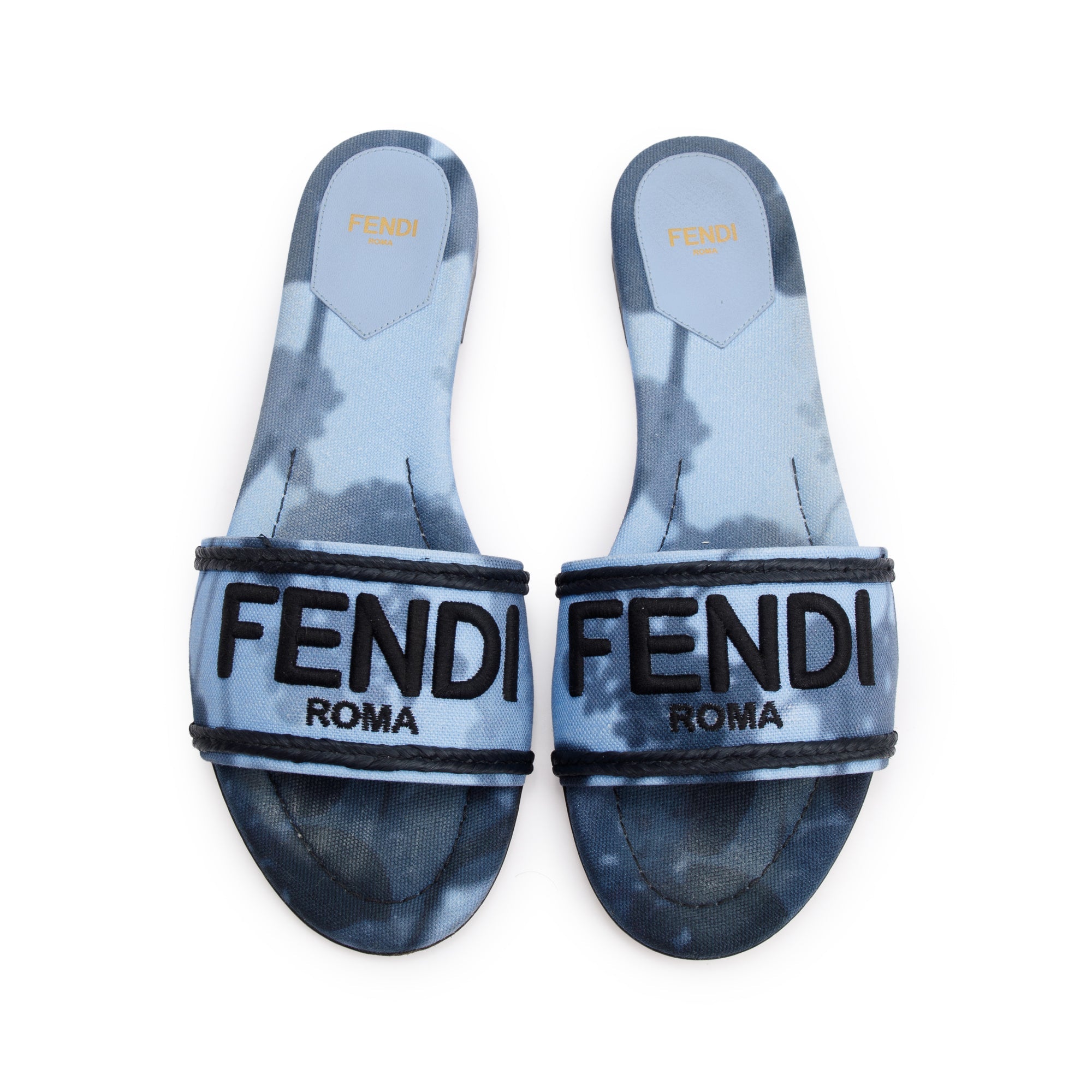 Fendi Blue Signature Logo Canvas Fendi Roma Slides, Size 38.5 w/ Box