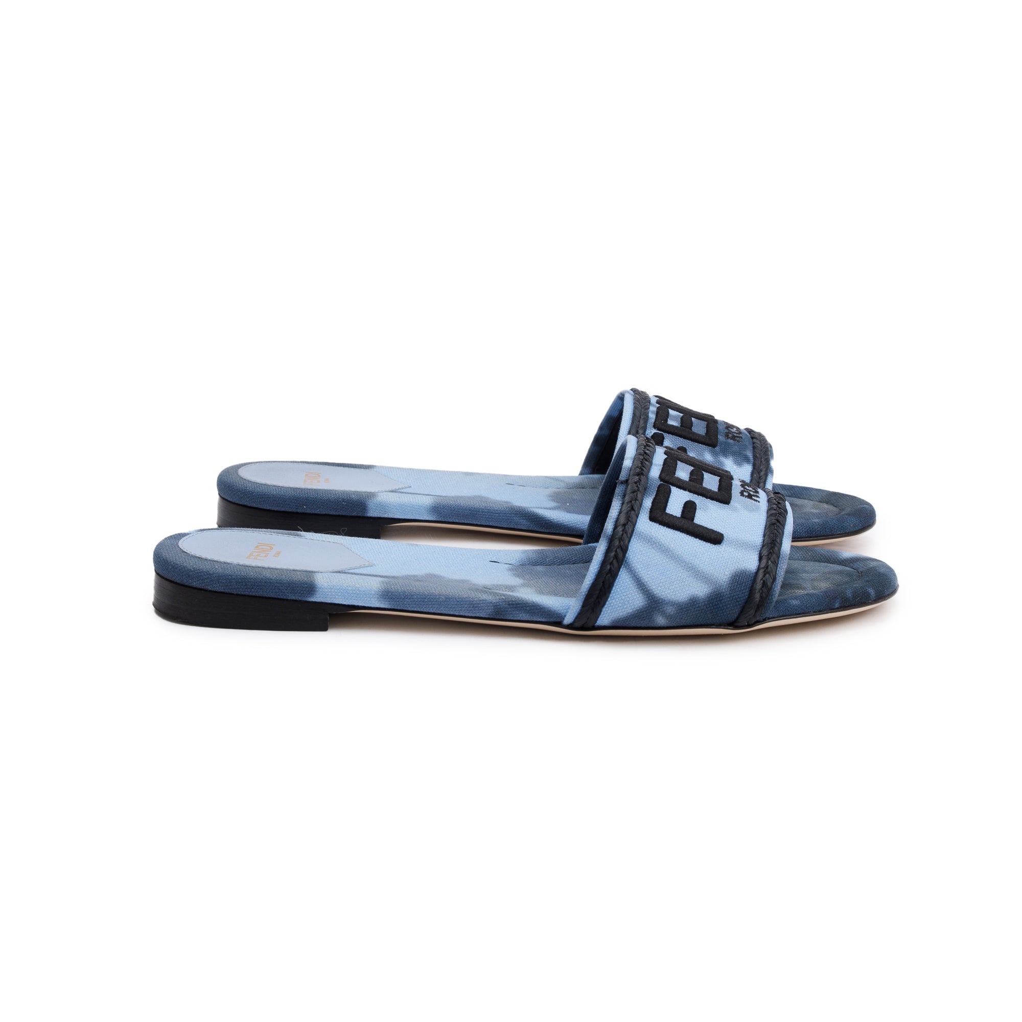 Fendi Blue Signature Logo Canvas Fendi Roma Slides, Size 38.5 w/ Box