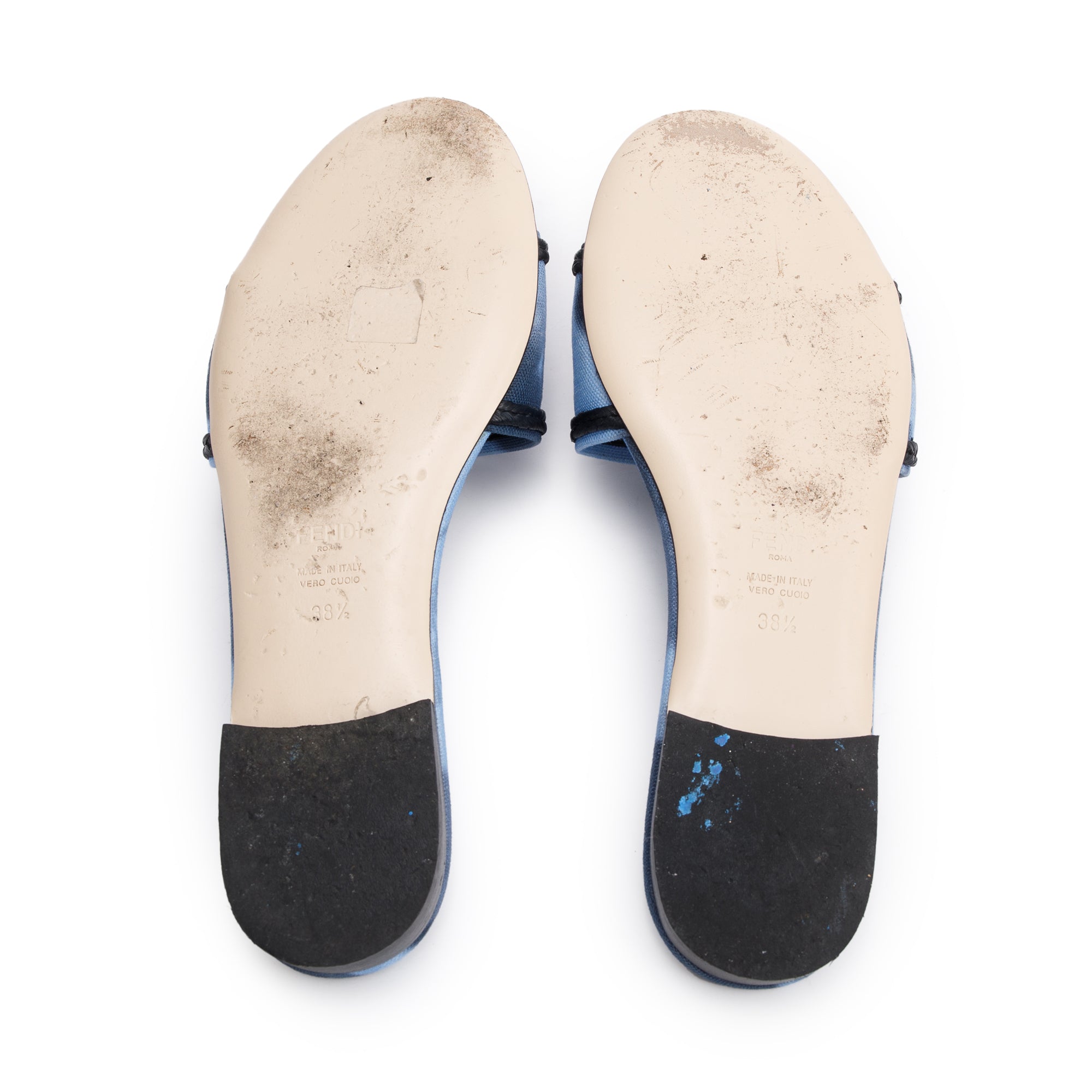 Fendi Blue Signature Logo Canvas Fendi Roma Slides, Size 38.5 w/ Box