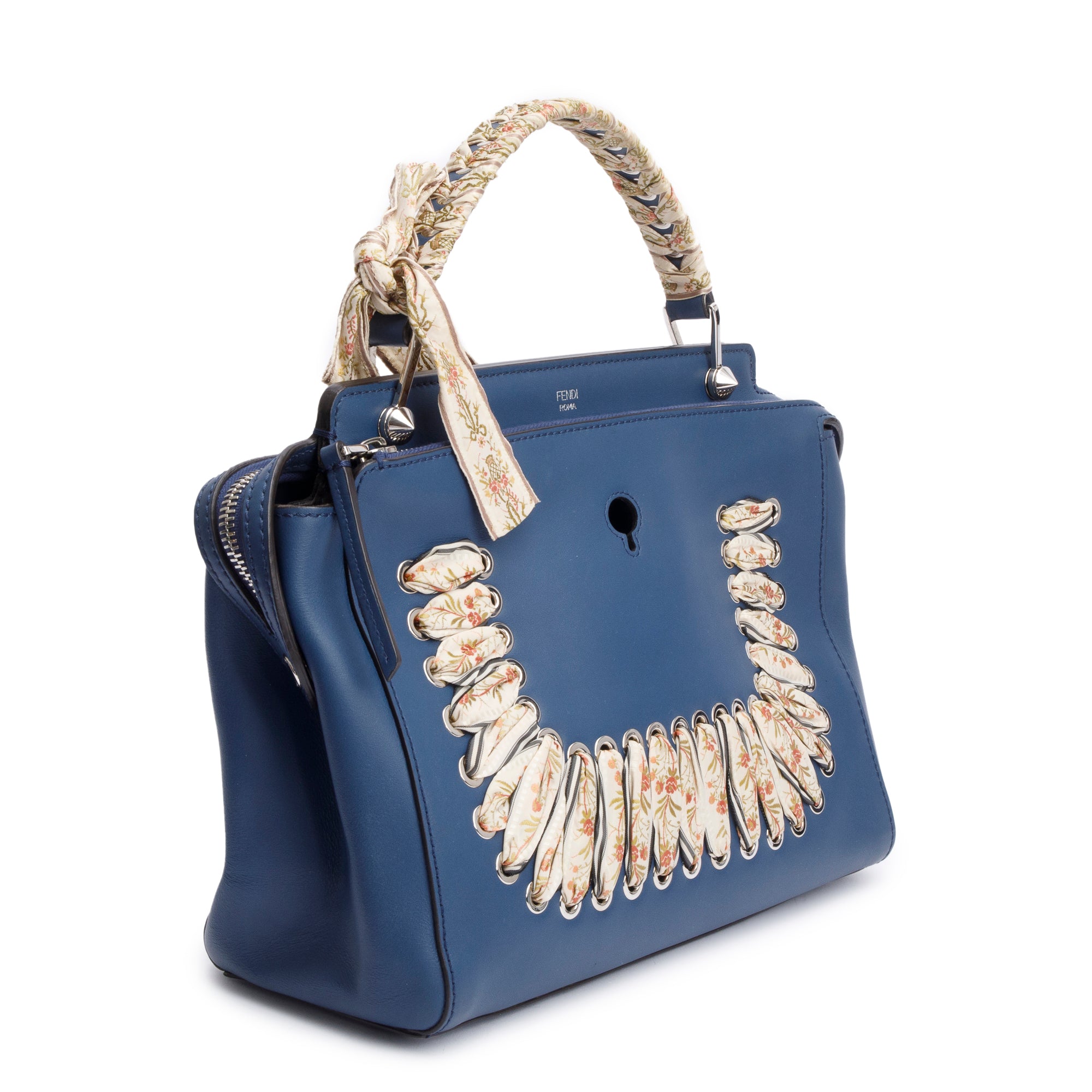 Fendi Blue Vitello Leather Baltico Ribbon Lace Up DotCom Satchel
