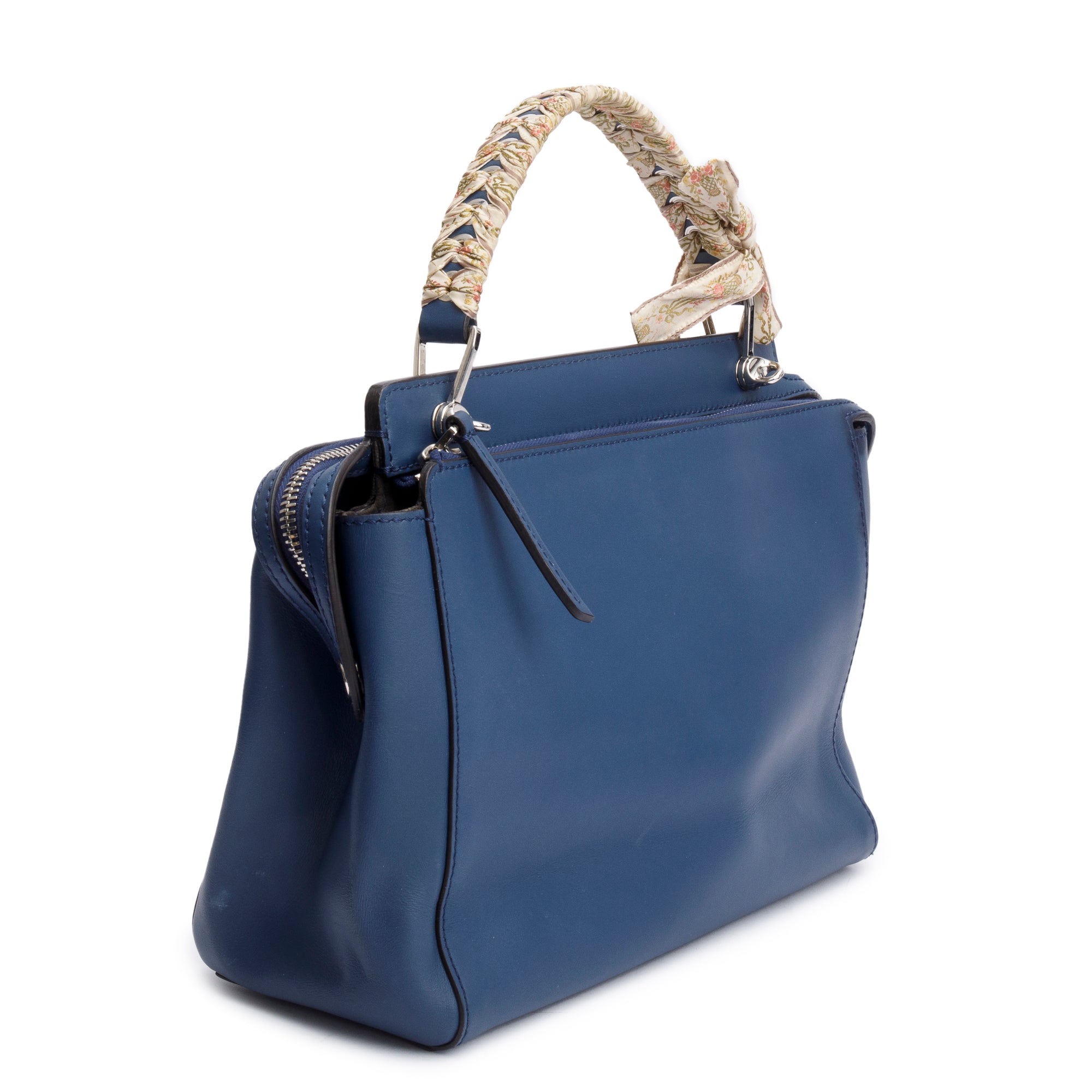Fendi Blue Vitello Leather Baltico Ribbon Lace Up DotCom Satchel