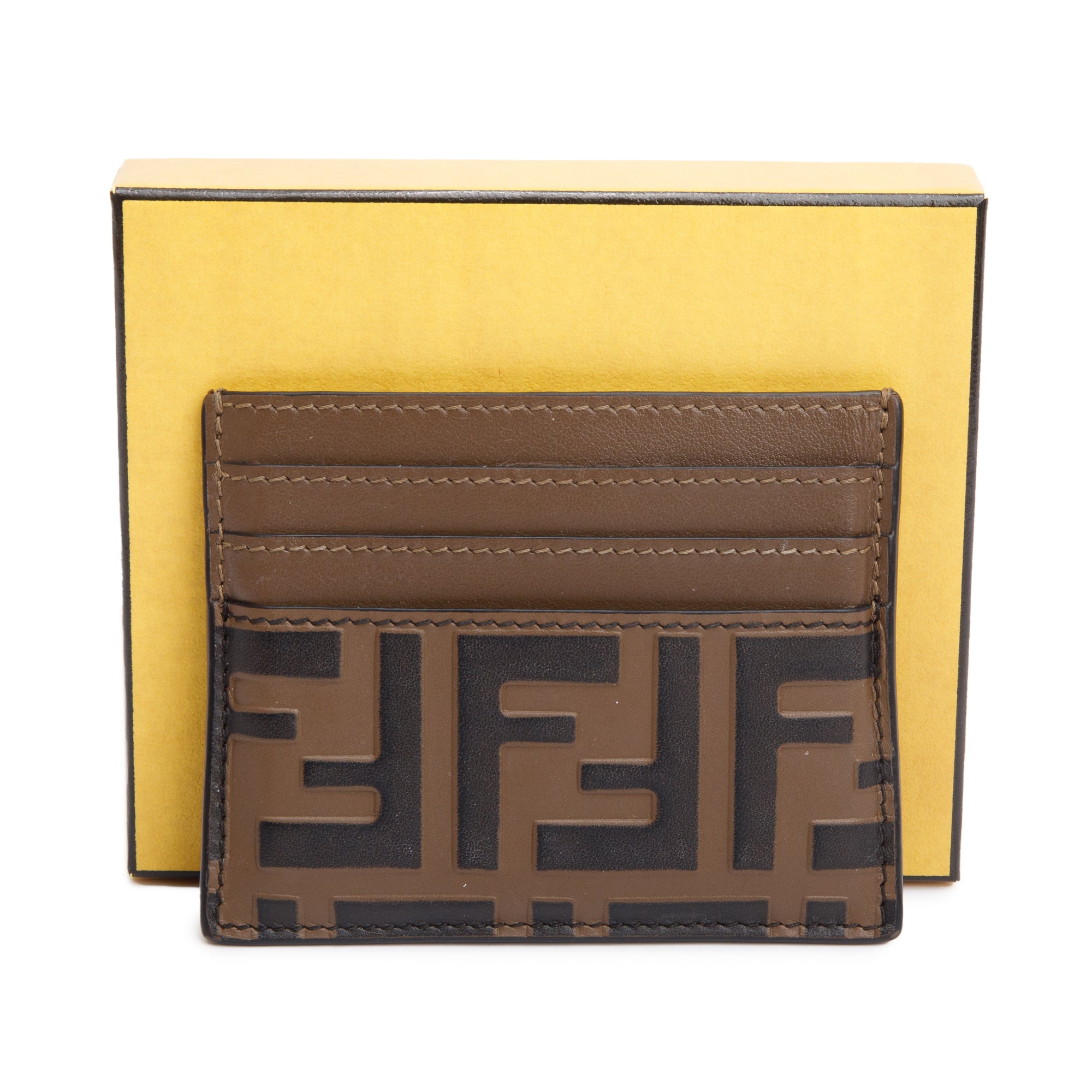 Fendi Brown & Black Vitello Soft FF Embossed Leather Card Holder w/ Box & Receipt