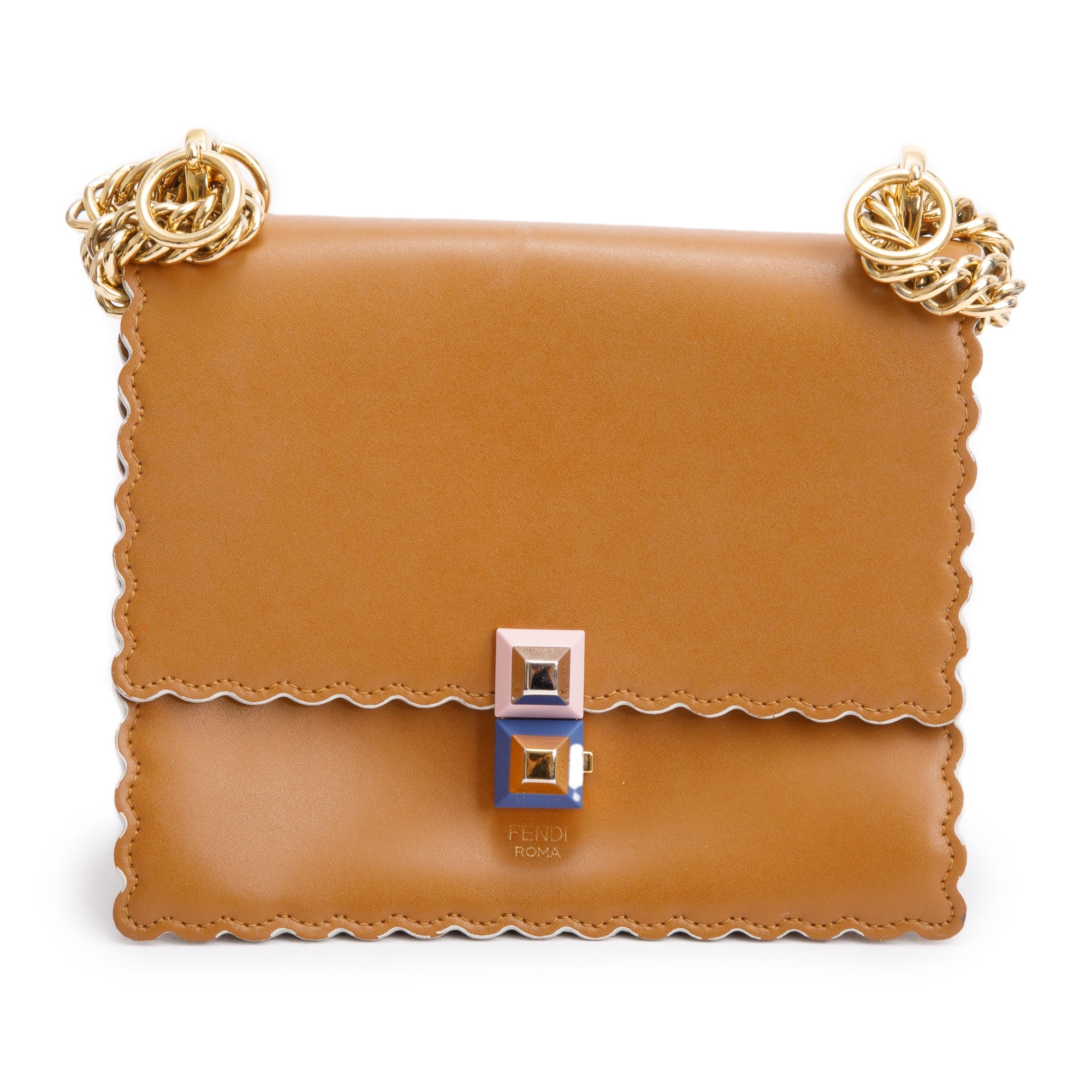 Fendi Brown Calfskin Leather Small Kan I Scallop Shoulder Bag