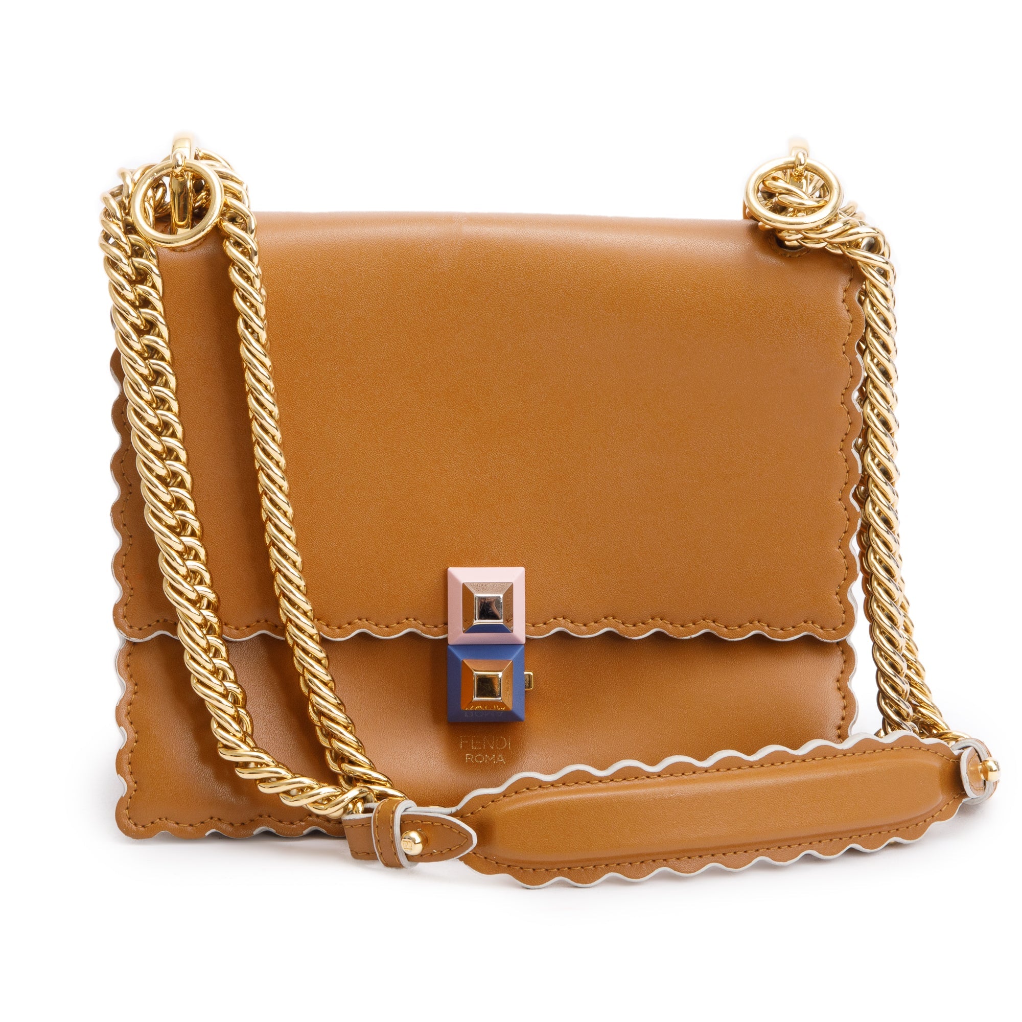 Fendi Brown Calfskin Leather Small Kan I Scallop Shoulder Bag