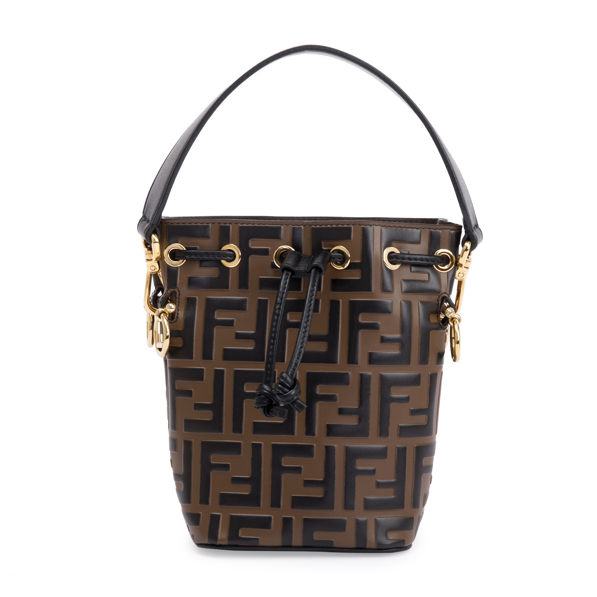 Fendi Brown FF 1974 Embossed Calfskin Leather Mini Mon Tresor Bucket Bag w/ Strap