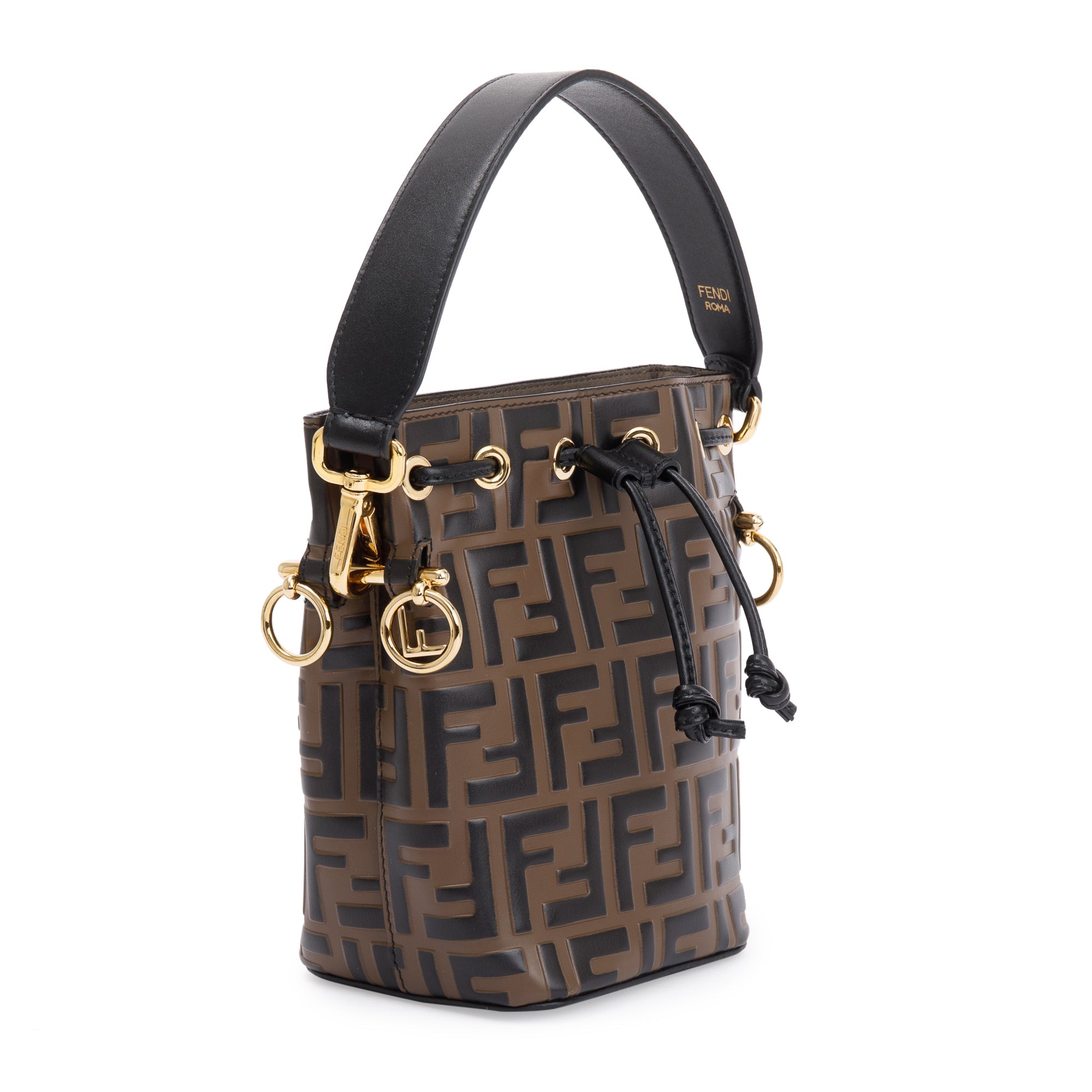 Fendi Brown FF 1974 Embossed Calfskin Leather Mini Mon Tresor Bucket Bag w/ Strap