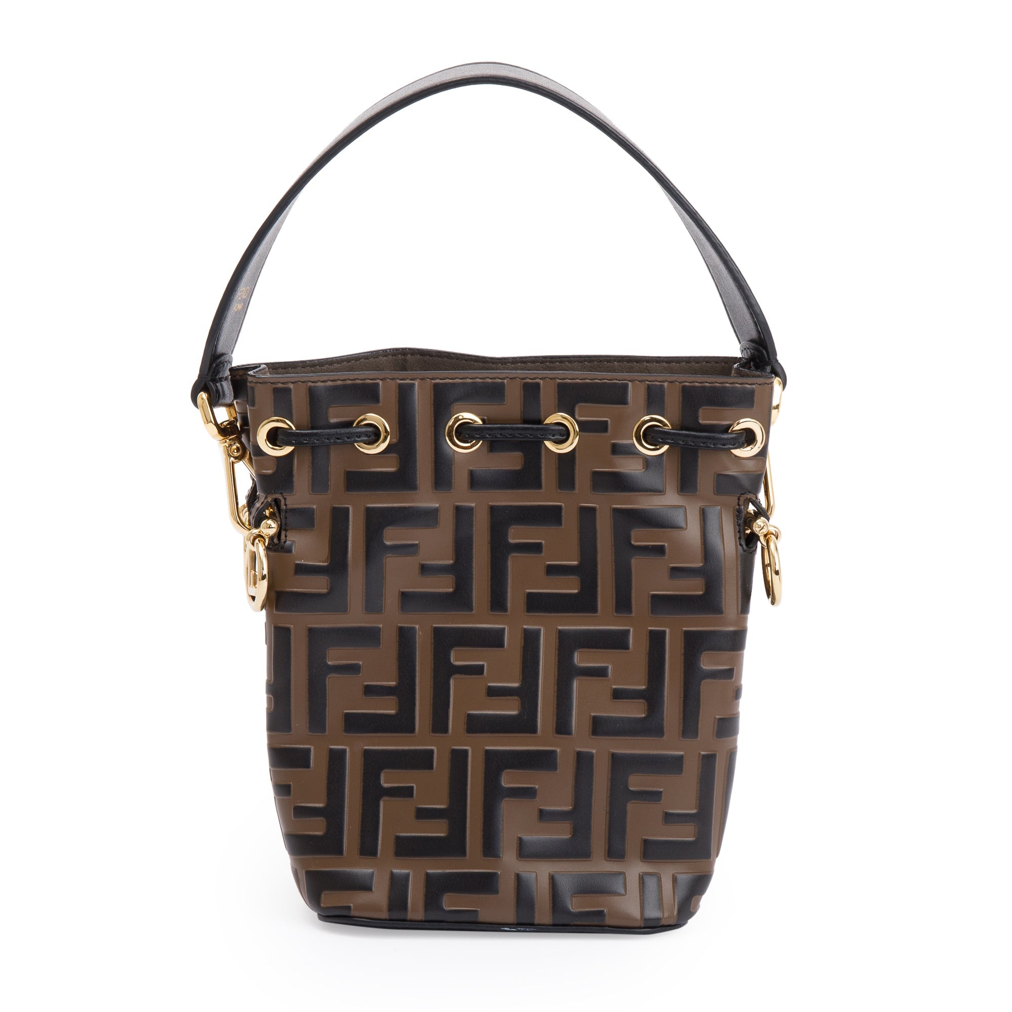 Fendi Brown FF 1974 Embossed Calfskin Leather Mini Mon Tresor Bucket Bag w/ Strap