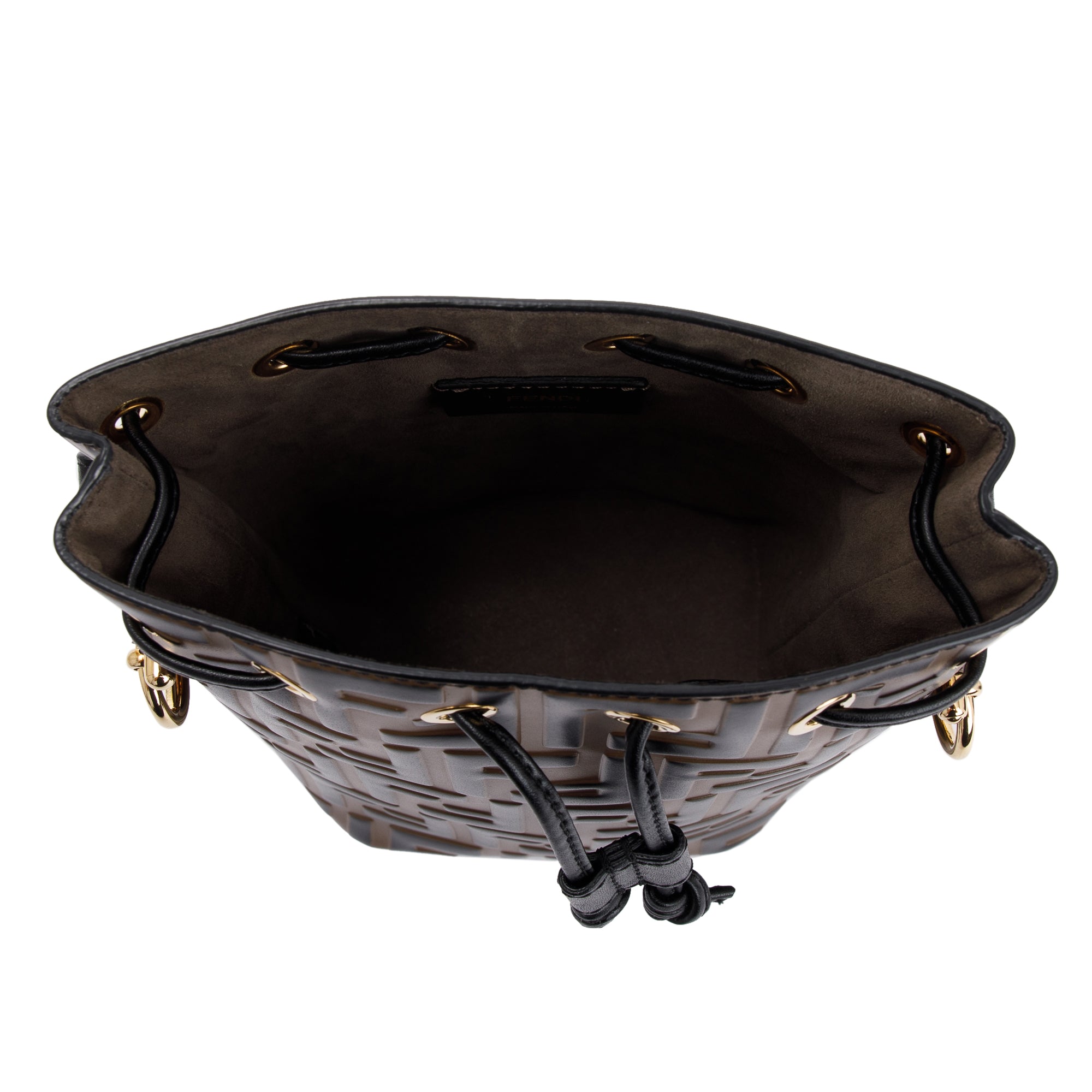 Fendi Brown FF 1974 Embossed Calfskin Leather Mini Mon Tresor Bucket Bag w/ Strap