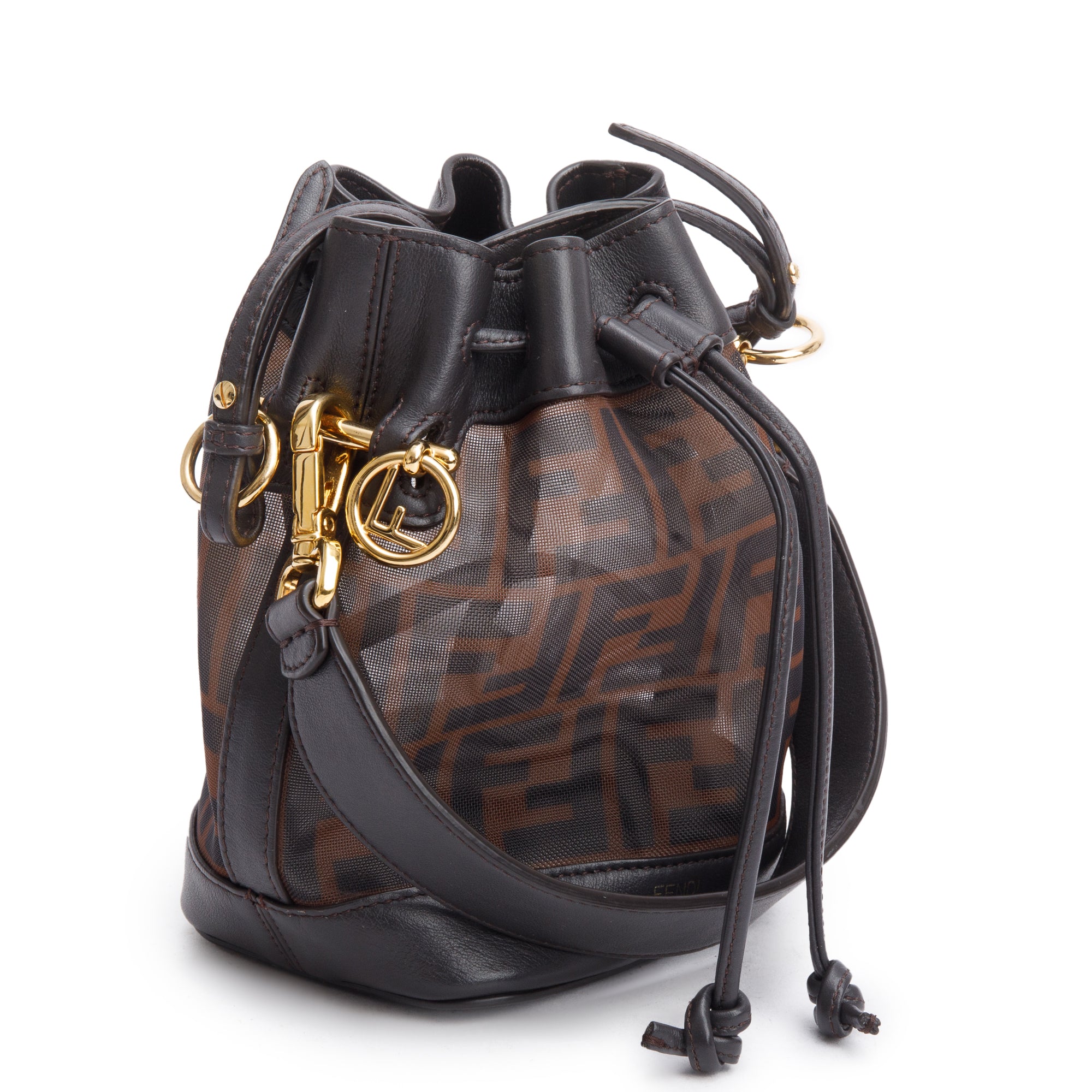 Fendi Brown FF Mesh Leather Trimmed Mini Mon Tresor Bucket Bag