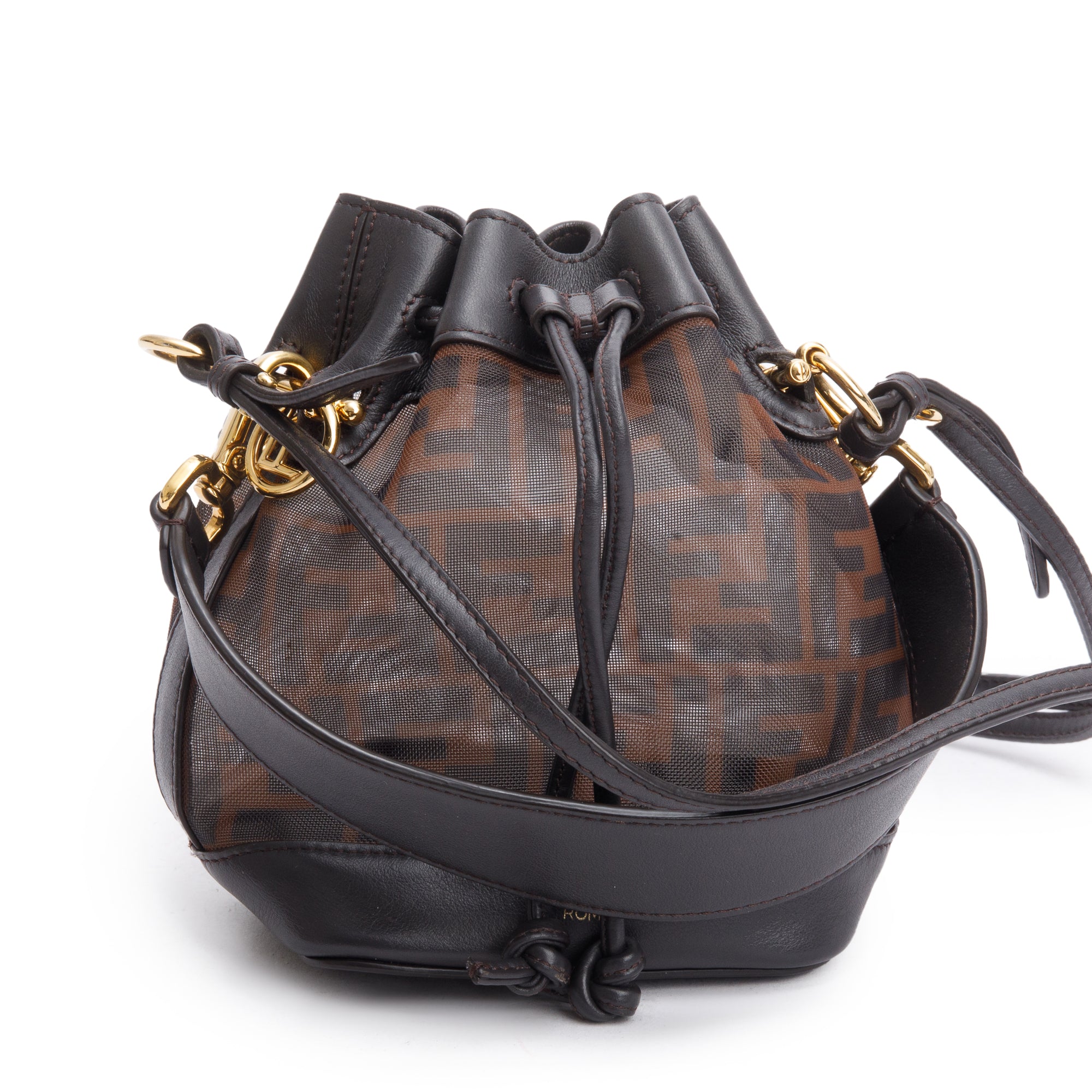 Fendi Brown FF Mesh Leather Trimmed Mini Mon Tresor Bucket Bag