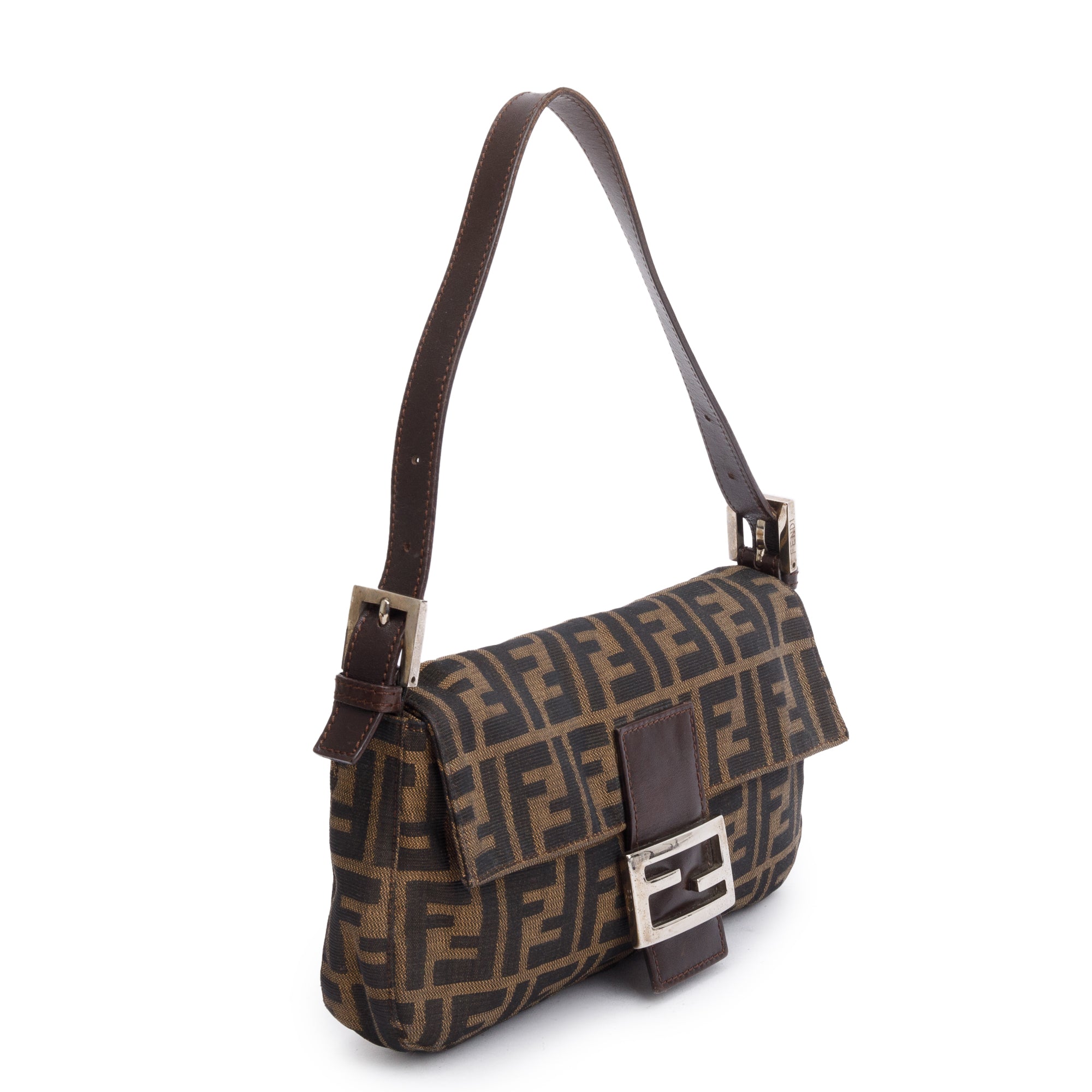 Fendi Brown FF Zucca Canvas Brown Leather Trim Baguette Shoulder Bag