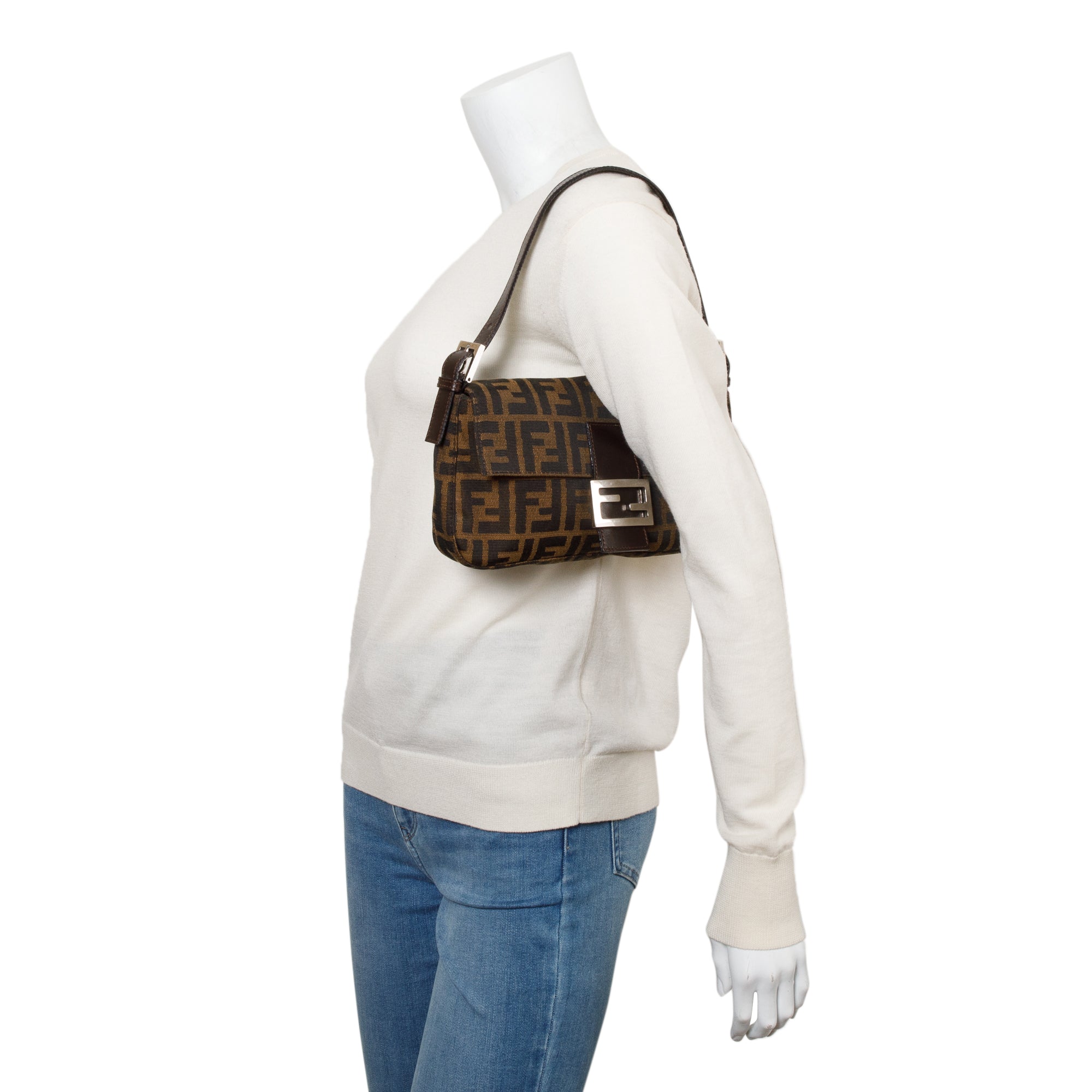 Fendi Brown FF Zucca Canvas Brown Leather Trim Baguette Shoulder Bag