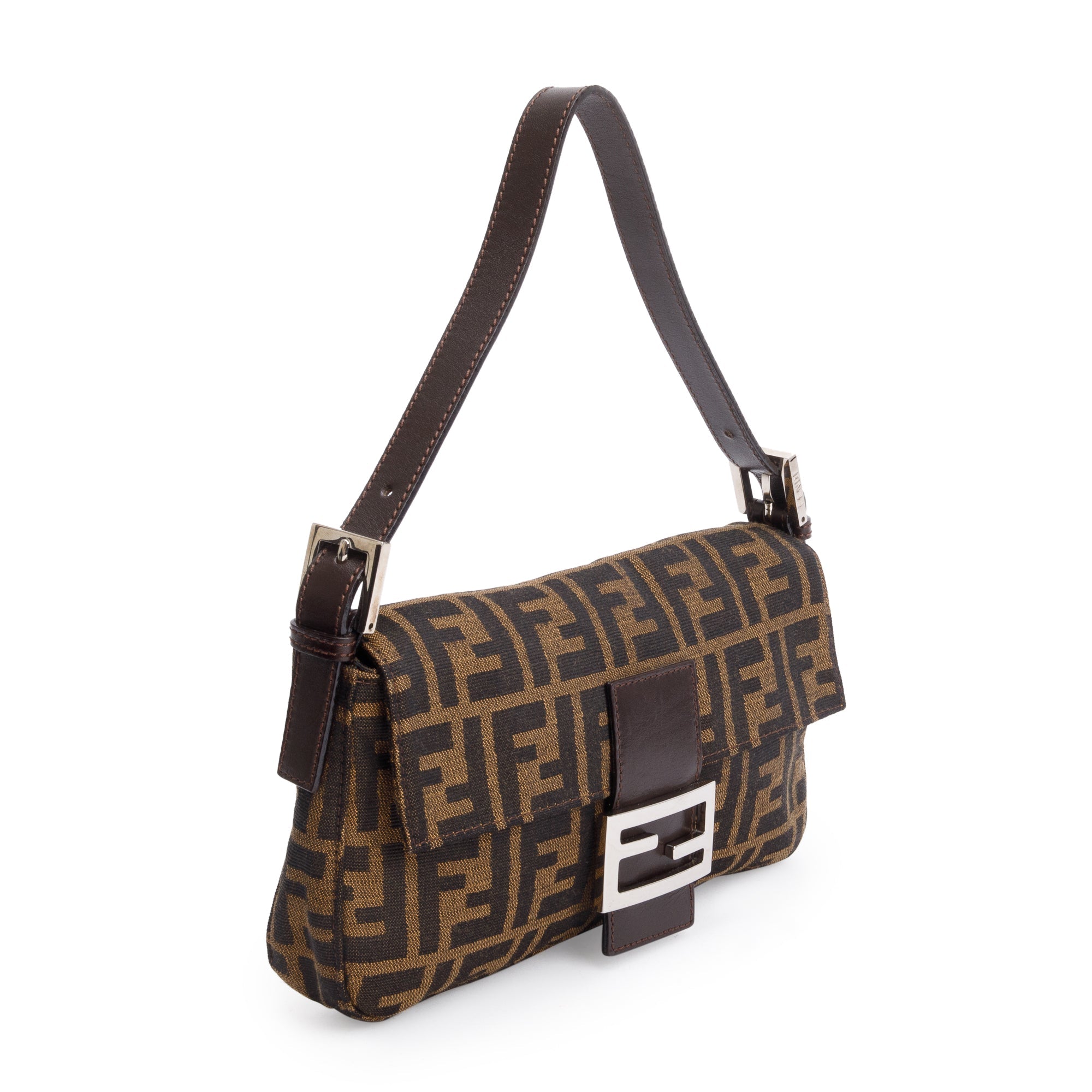 Fendi Brown FF Zucca Canvas Brown Leather Trim Baguette Shoulder Bag