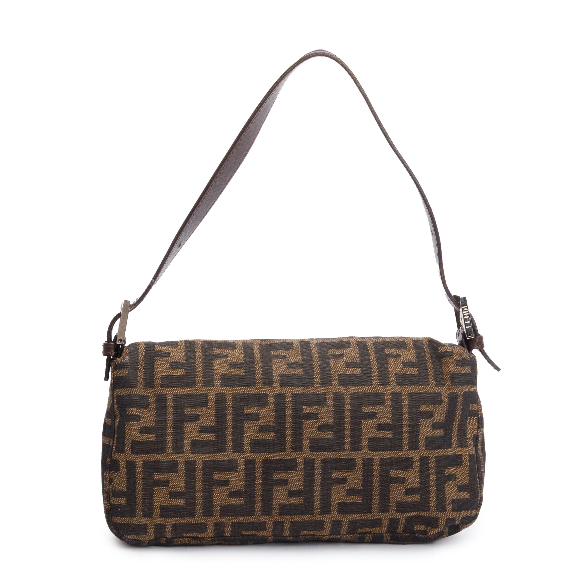 Fendi Brown FF Zucca Canvas Brown Leather Trim Baguette Shoulder Bag